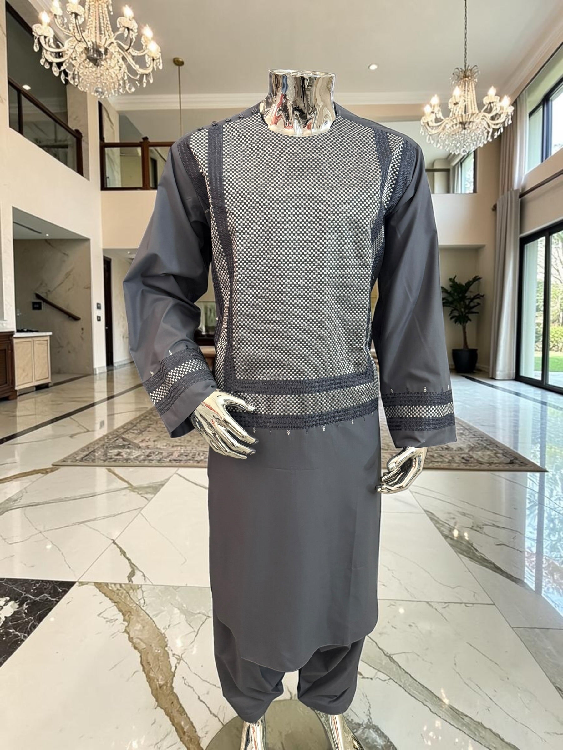 X-Large Charcoal Grey Men’s Shalwar Kameez Yakhandozi with Matching Grey and White Geometric Embroidery | Premium Traditional Wear