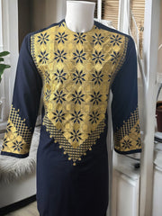 Men’s Navy Blue Parahan Tumban with Gold Embroidery Small