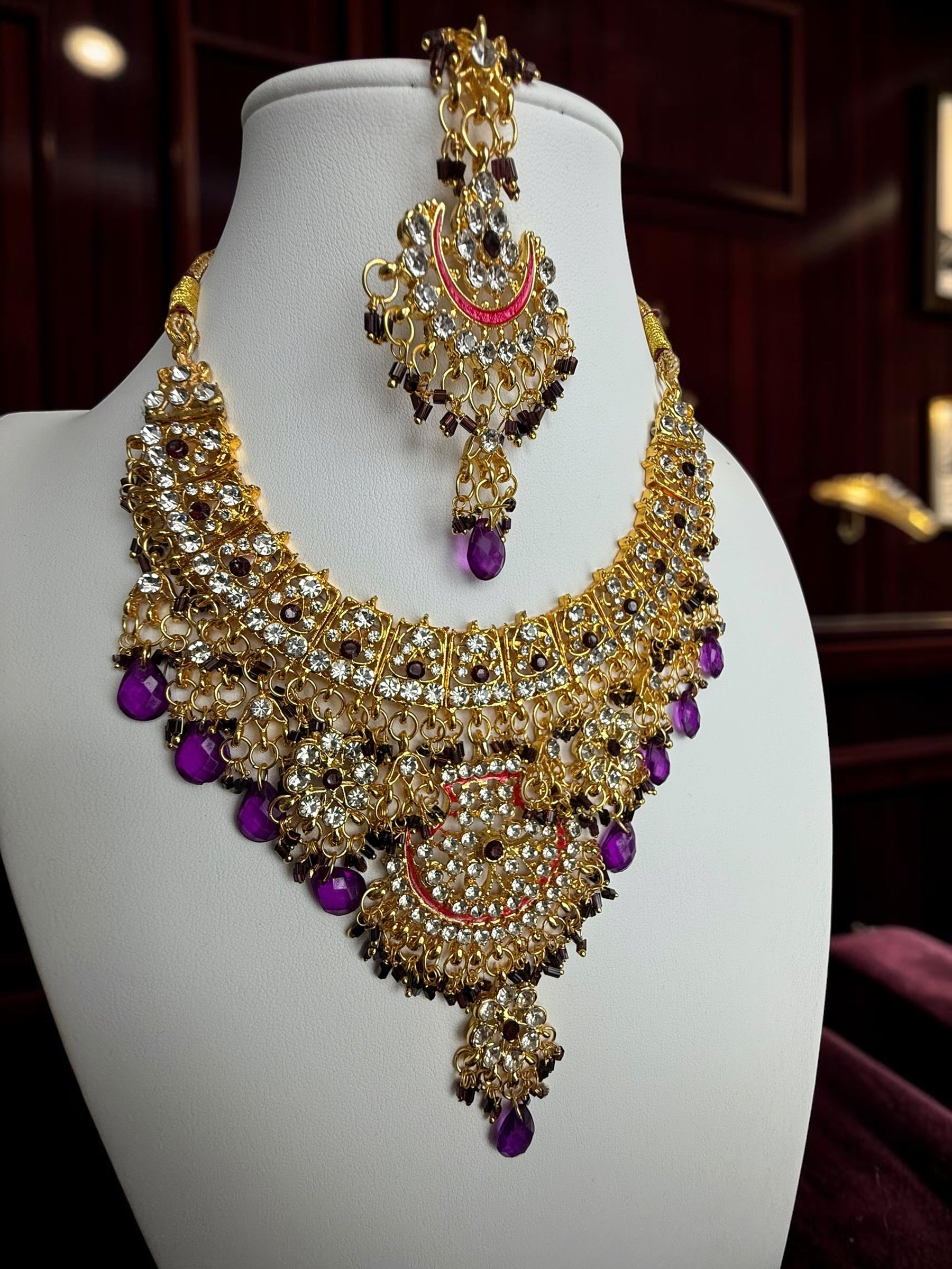 Purple Indian Pakistani Afghan Bridal Jewelry Set with Earrings & Maang Tikka | Gold Tone Crystal Rhinestone Necklace Set | Wedding Jewelry Gift Box Included 7013