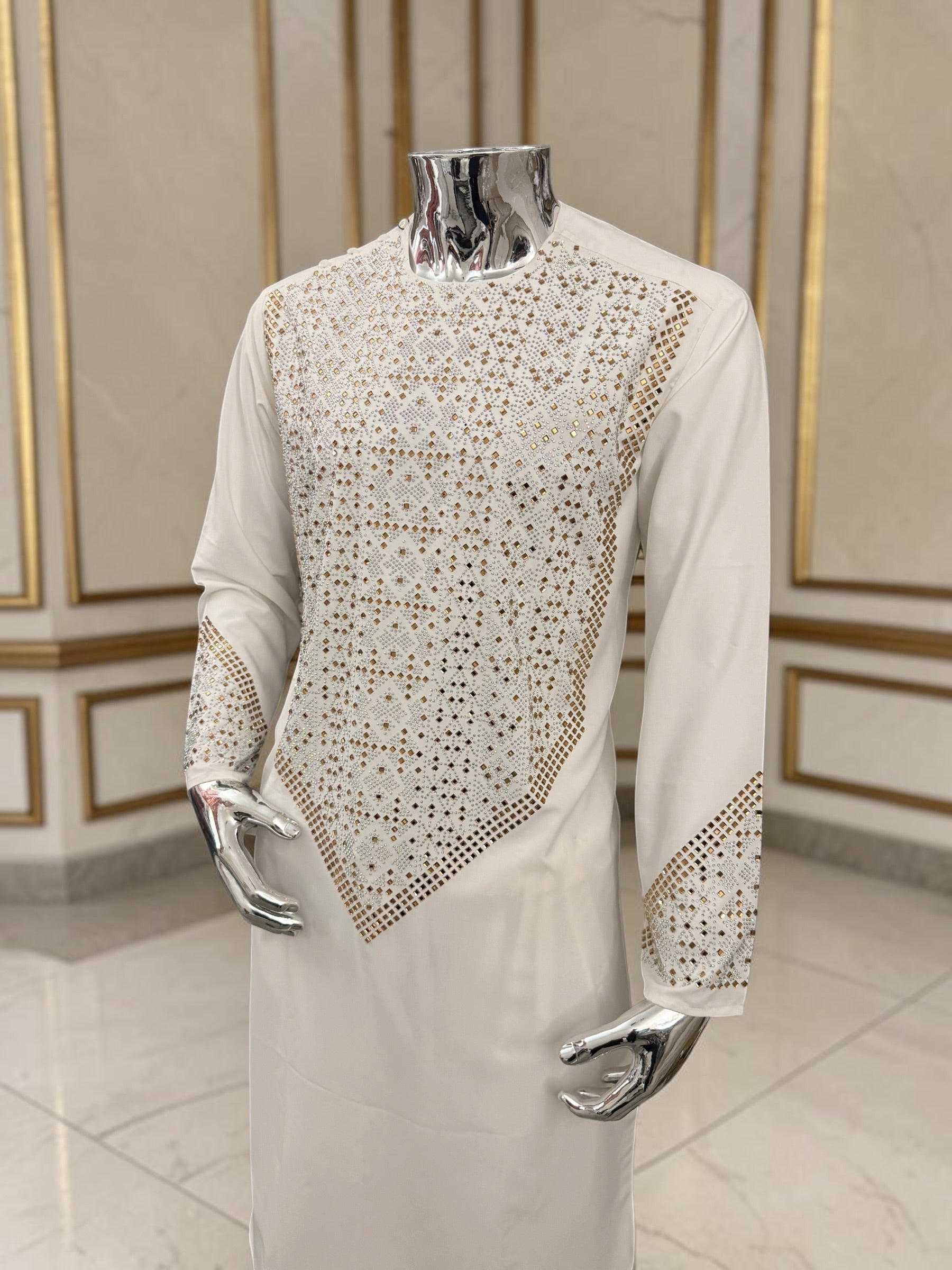 Men’s off white Afghan Parahan Tunban with Gold & Silver Embellishments and Shawl – 3-Piece Set shesha work 5042