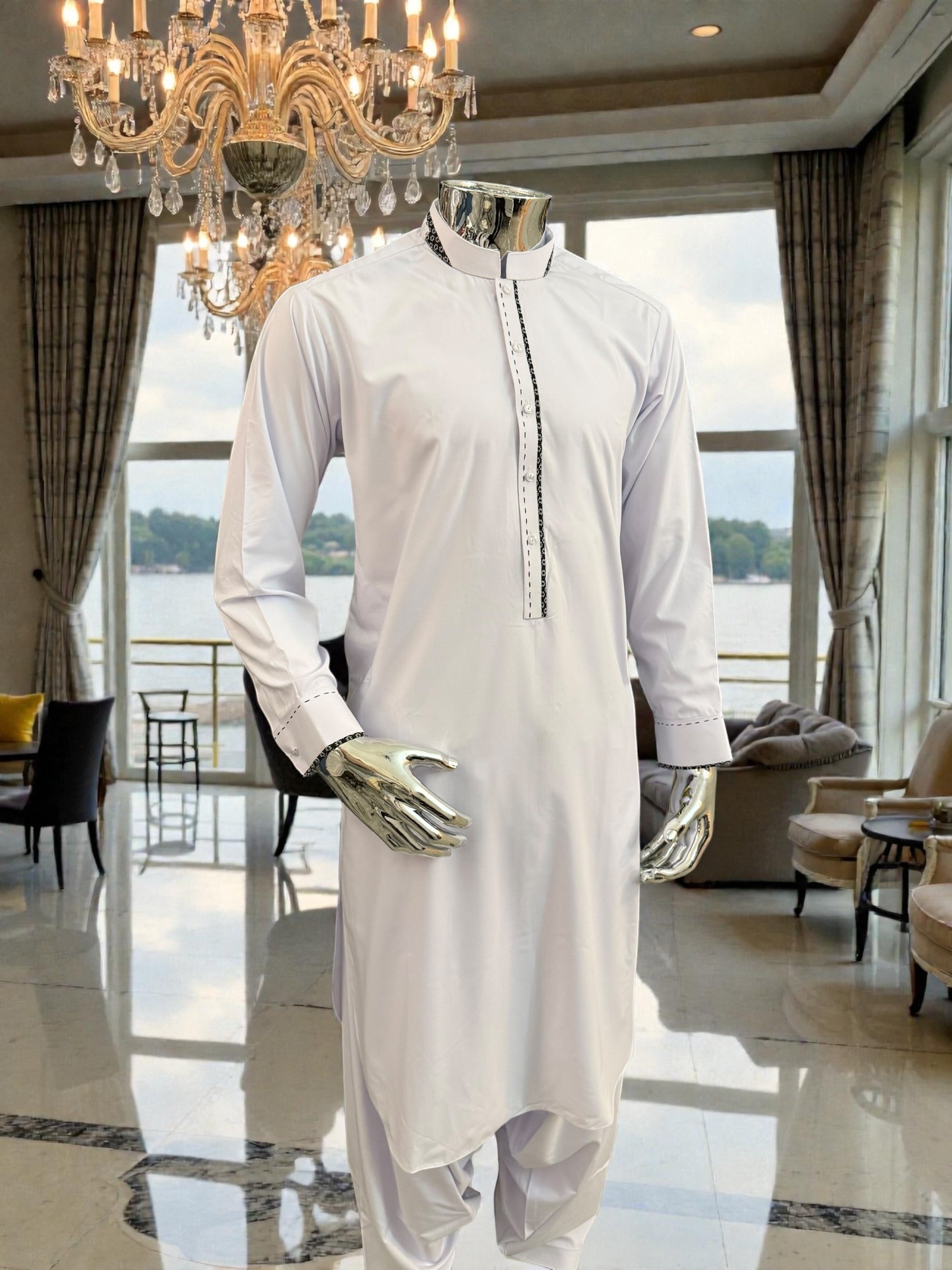 Men’s White Afghan Parahan Tumban with Black Embroidered Placket – Premium Cotton-Blend Fabric | Medium Size