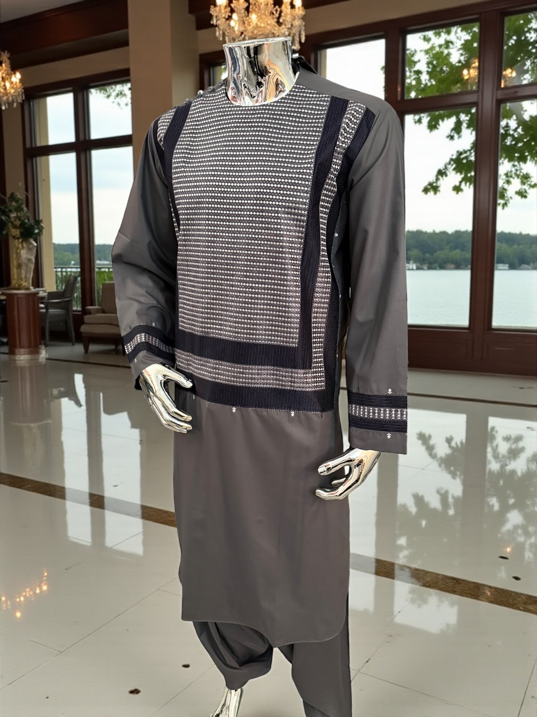 Men’s Taupe Parahan Tunban with Matching Embroidery – Afghan Traditional Outfit (Large)