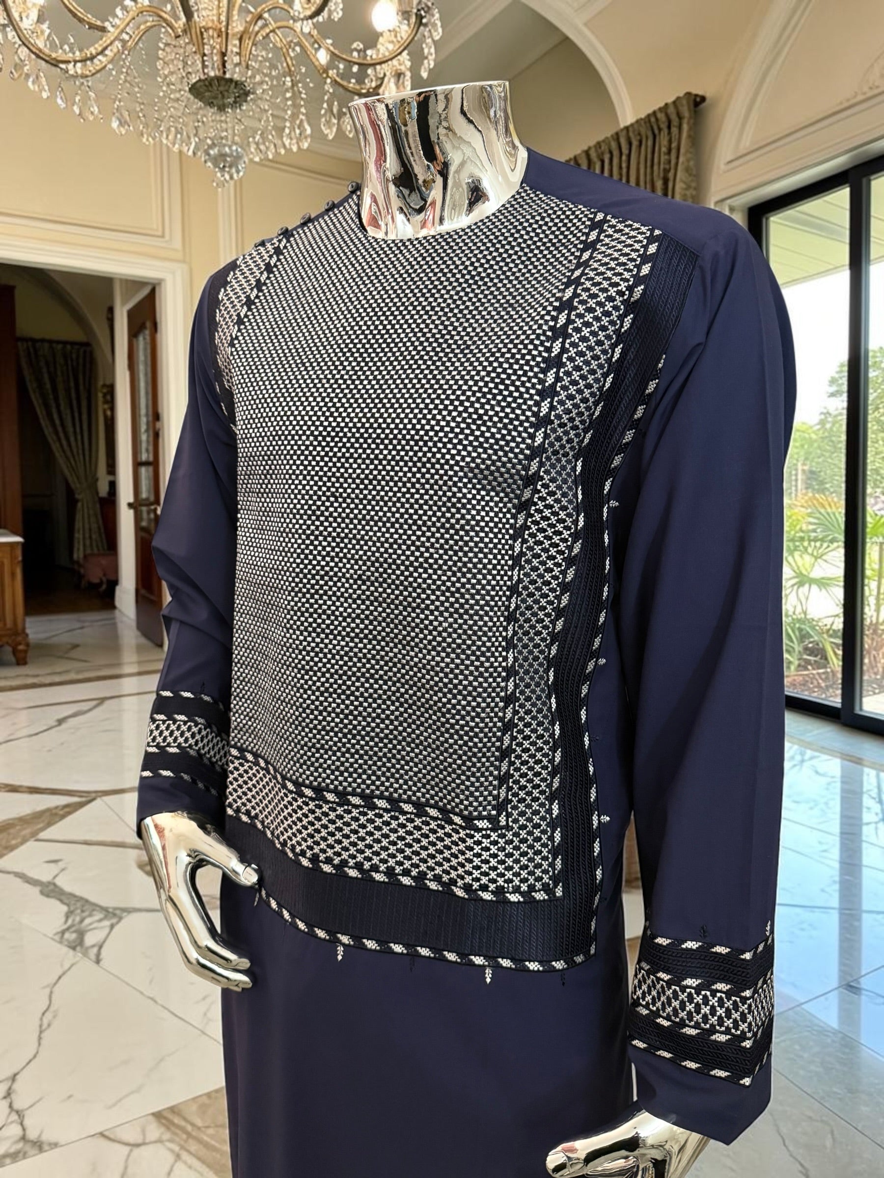 Large Navy Blue Afghan Parahan Tunban Set with Premium Machine Embroidery
