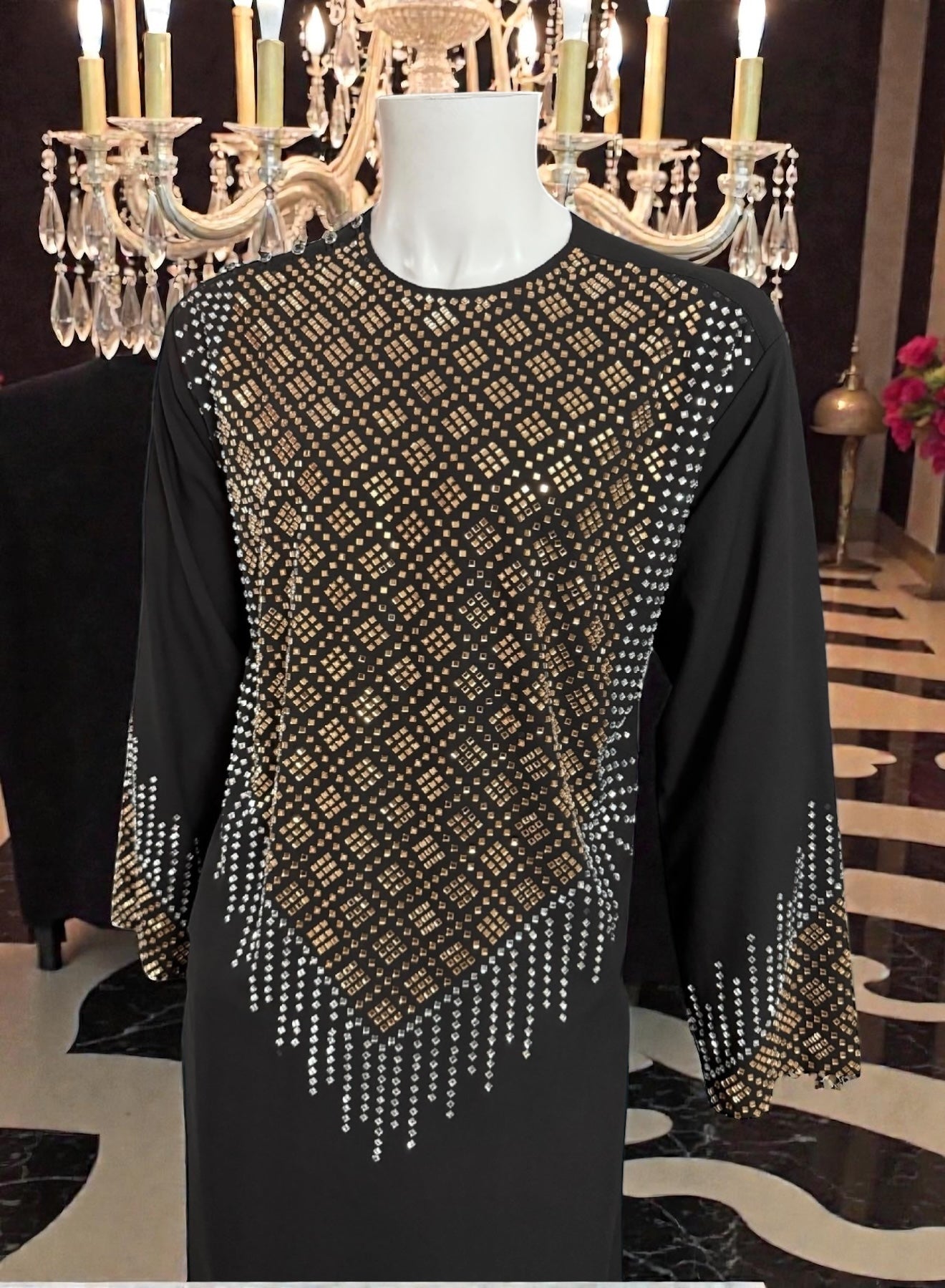 XL Black Afghan Parahan Tumban with Bronze & Silver Shesha Mirror Pattern – Men’s Traditional Wear