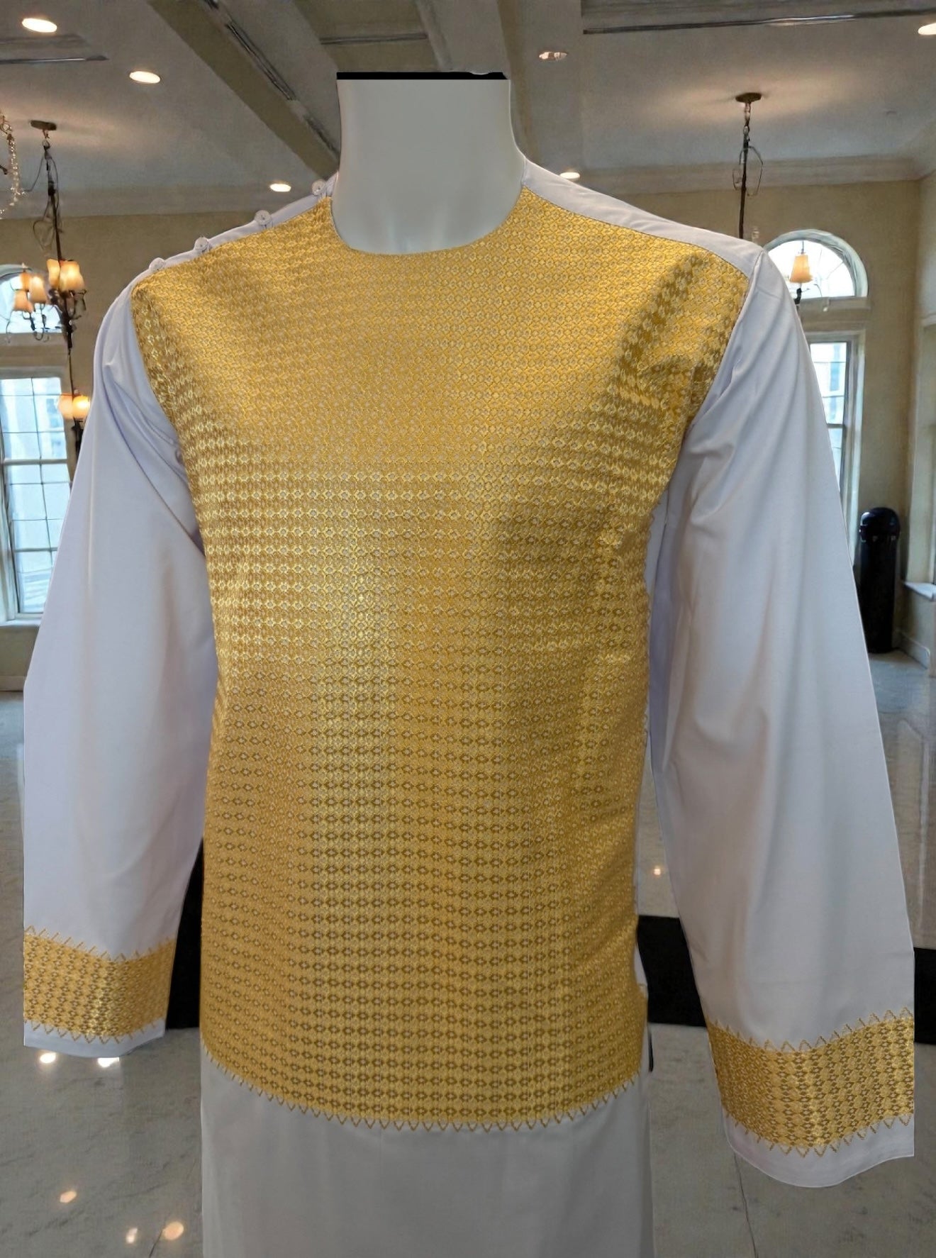 Medium White and Gold Afghan Parahan Tunban for Men with Machine Embroidery