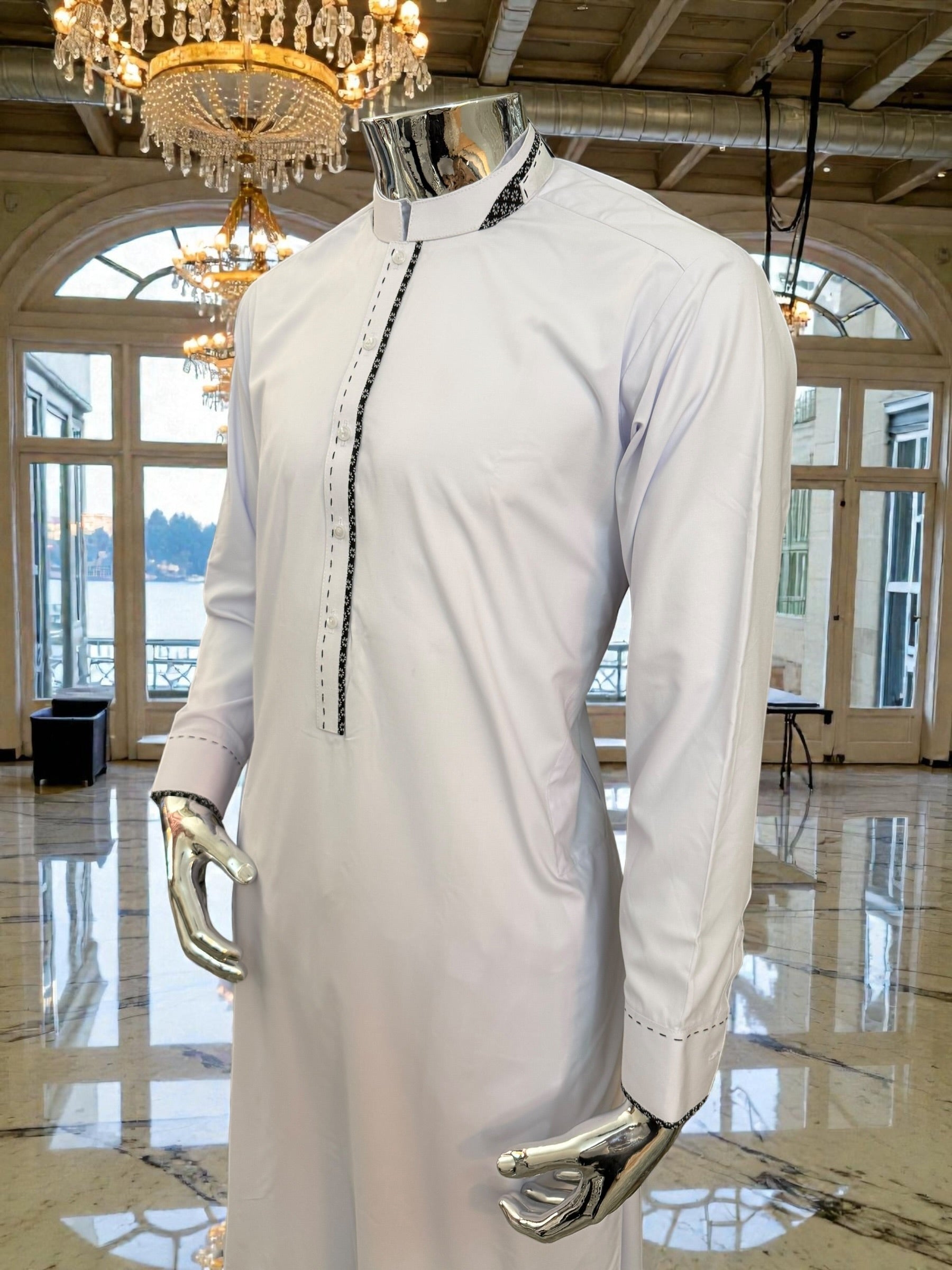 Men’s White Afghan Parahan Tumban with Black Embroidered Placket – Premium Cotton-Blend Fabric | Medium Size
