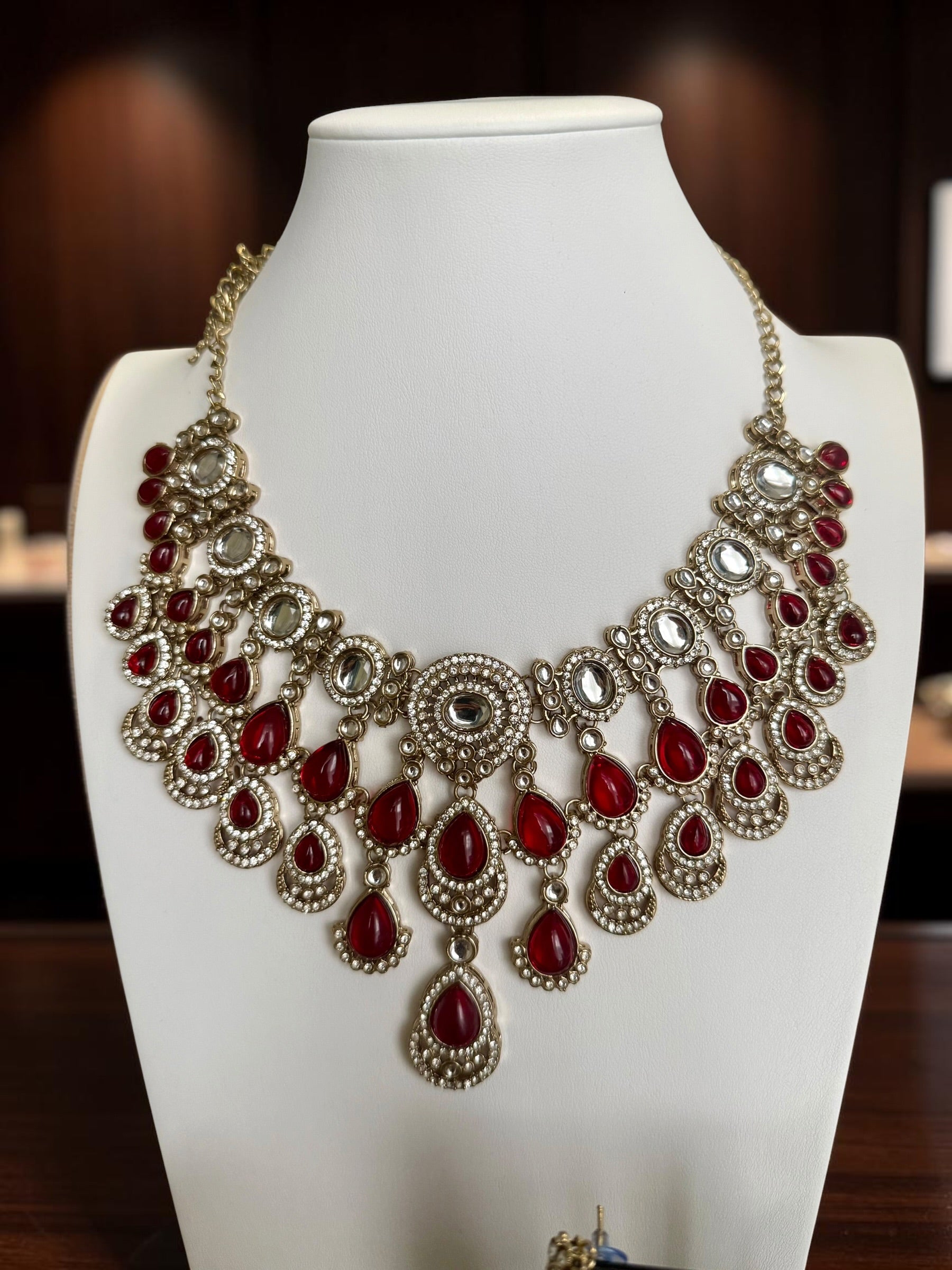 Ruby Red Kundan Half Bridal Jewelry Set – 5-Piece Necklace, Earrings, Sheeshphool, Nath & Adjustable Rings 6060