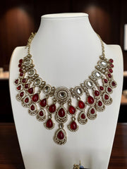 Ruby Red Kundan Half Bridal Jewelry Set – 5-Piece Necklace, Earrings, Sheeshphool, Nath & Adjustable Rings 6060