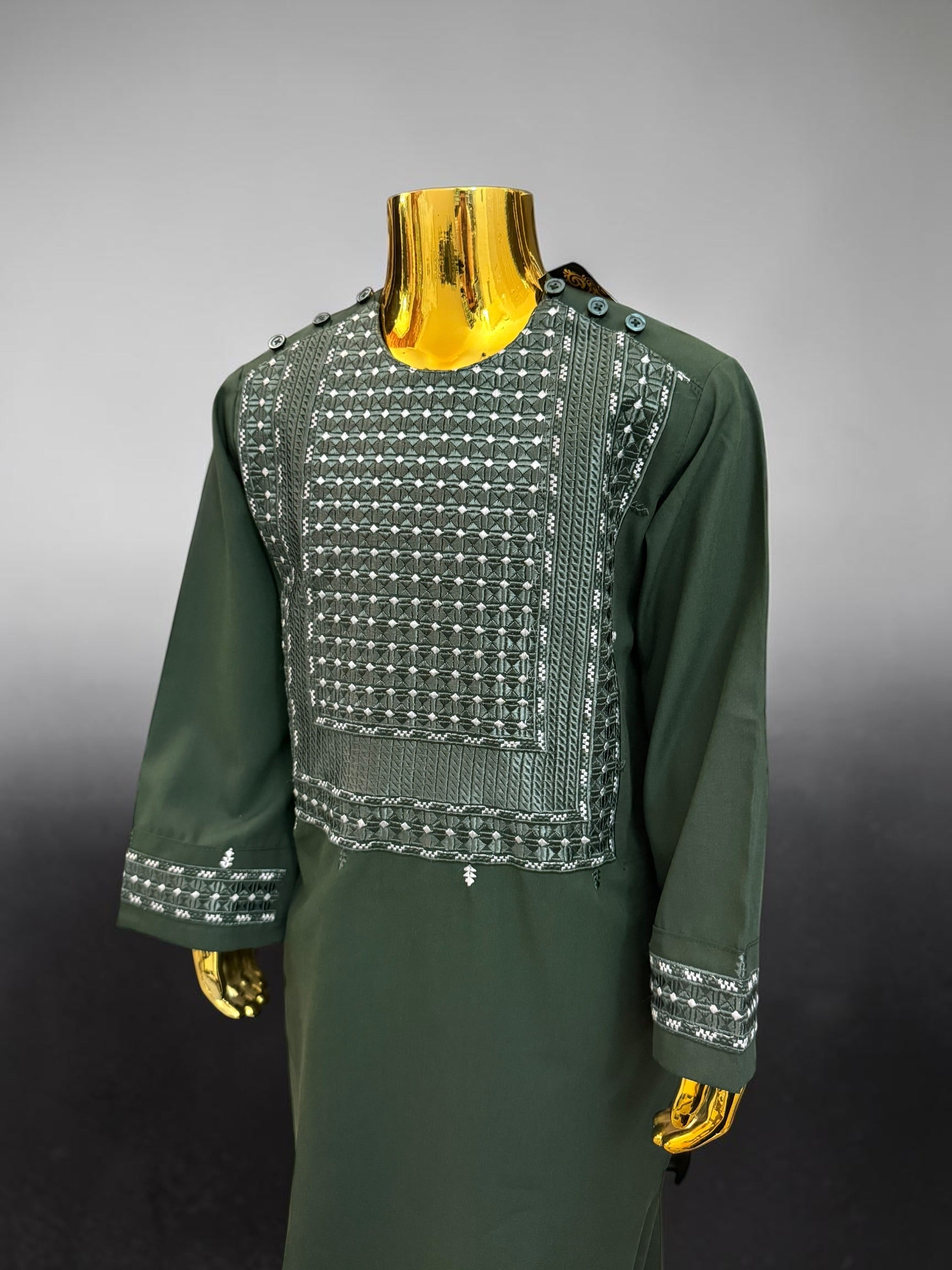 Traditional Afghan Clothing for Boys – Forest Green Embroidered Set Design 23