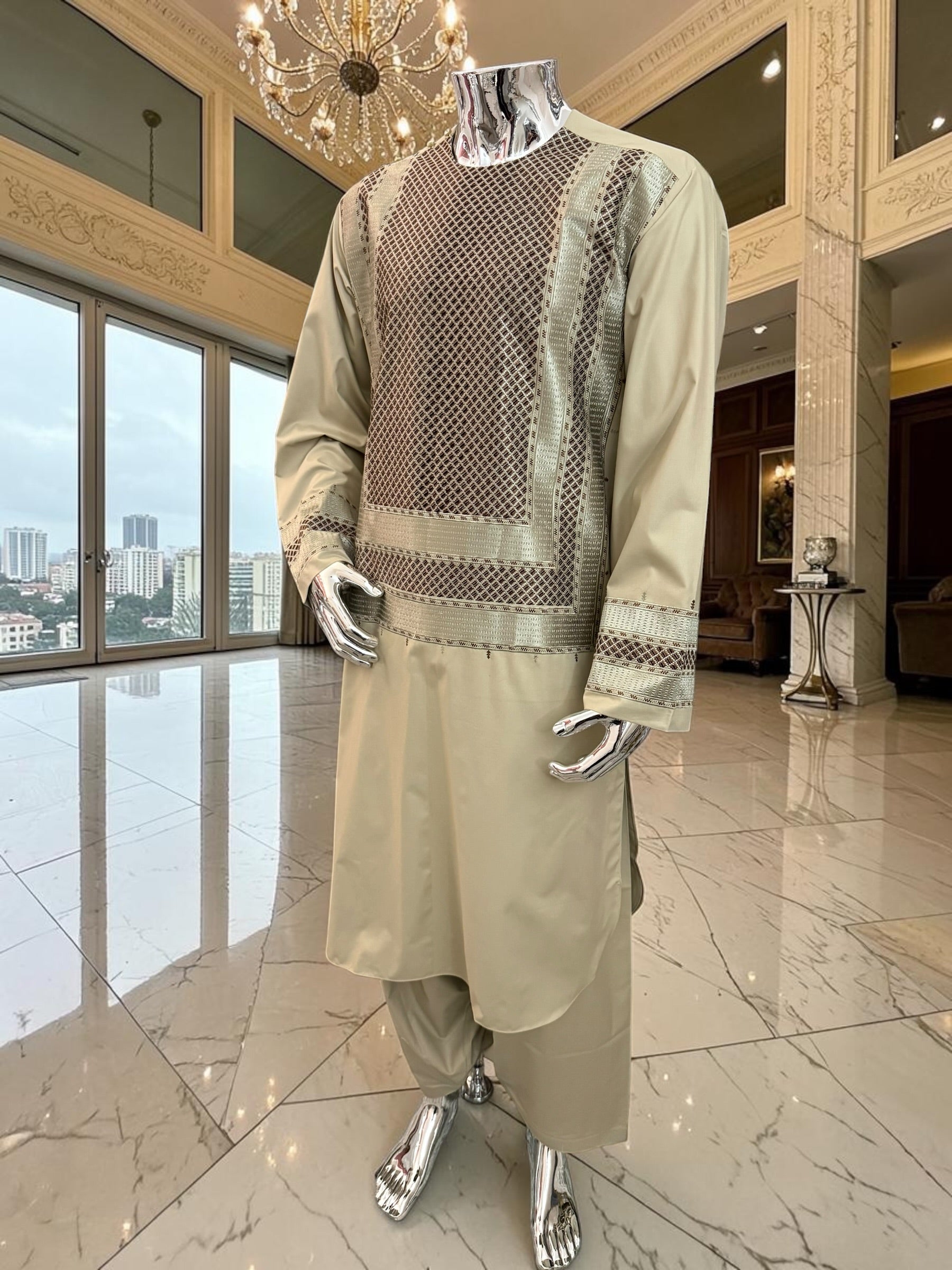X-Large Men’s Light Khaki Afghan Parahan Tunban Set with Premium Machine Embroidery