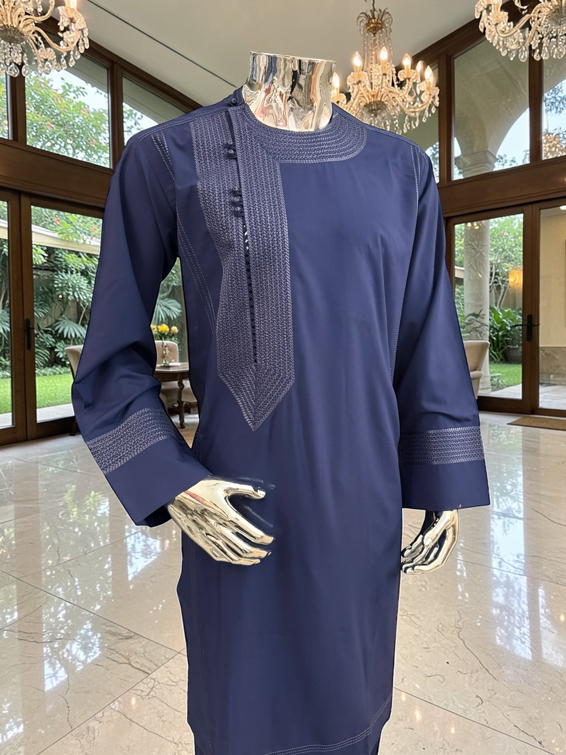 Traditional Afghan Parahan Tunban with Machine Embroidery – Navy Blue – XS
