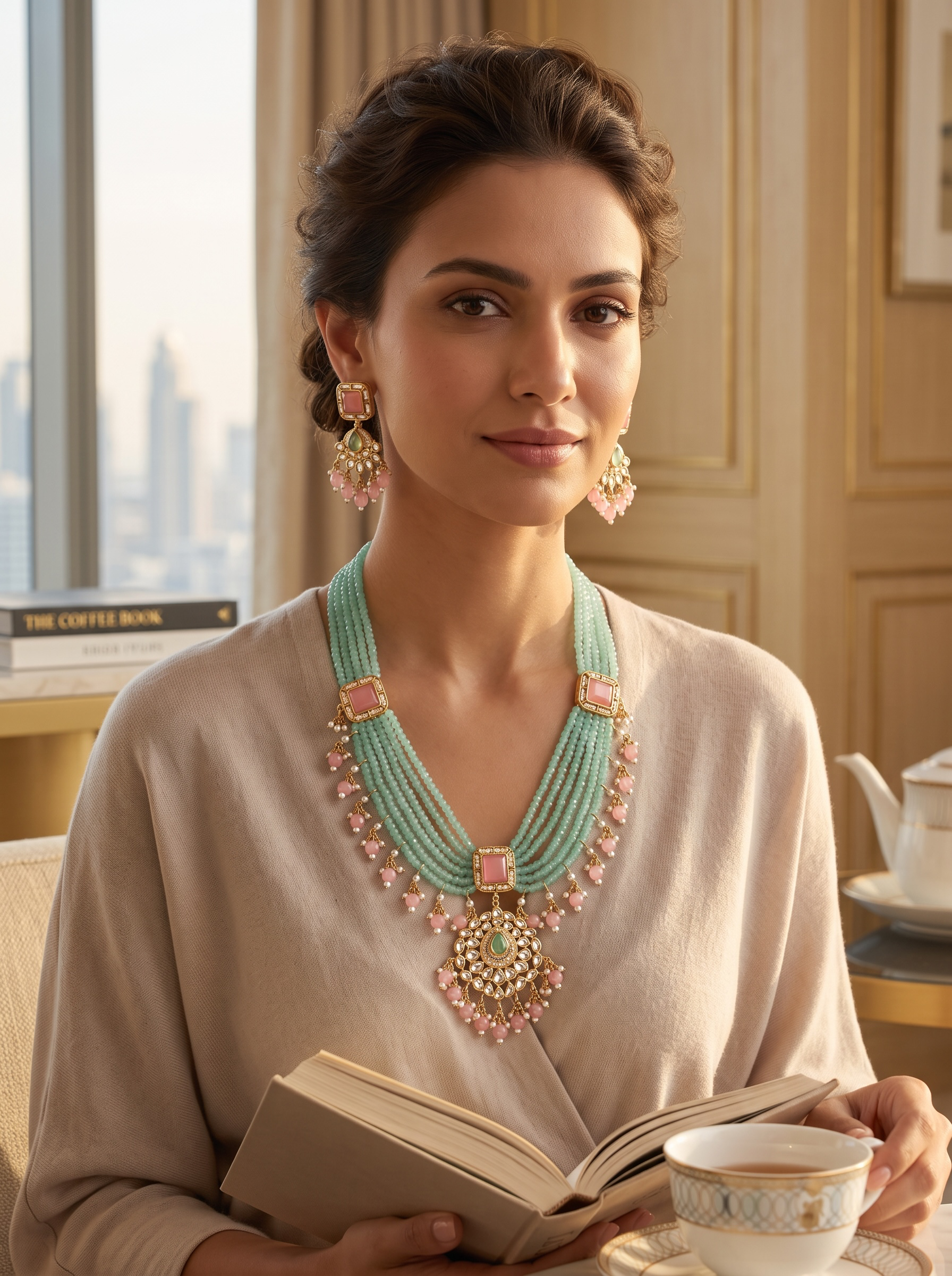 Mint Green & Pink Beaded Kundan Necklace and Earrings Set.   074