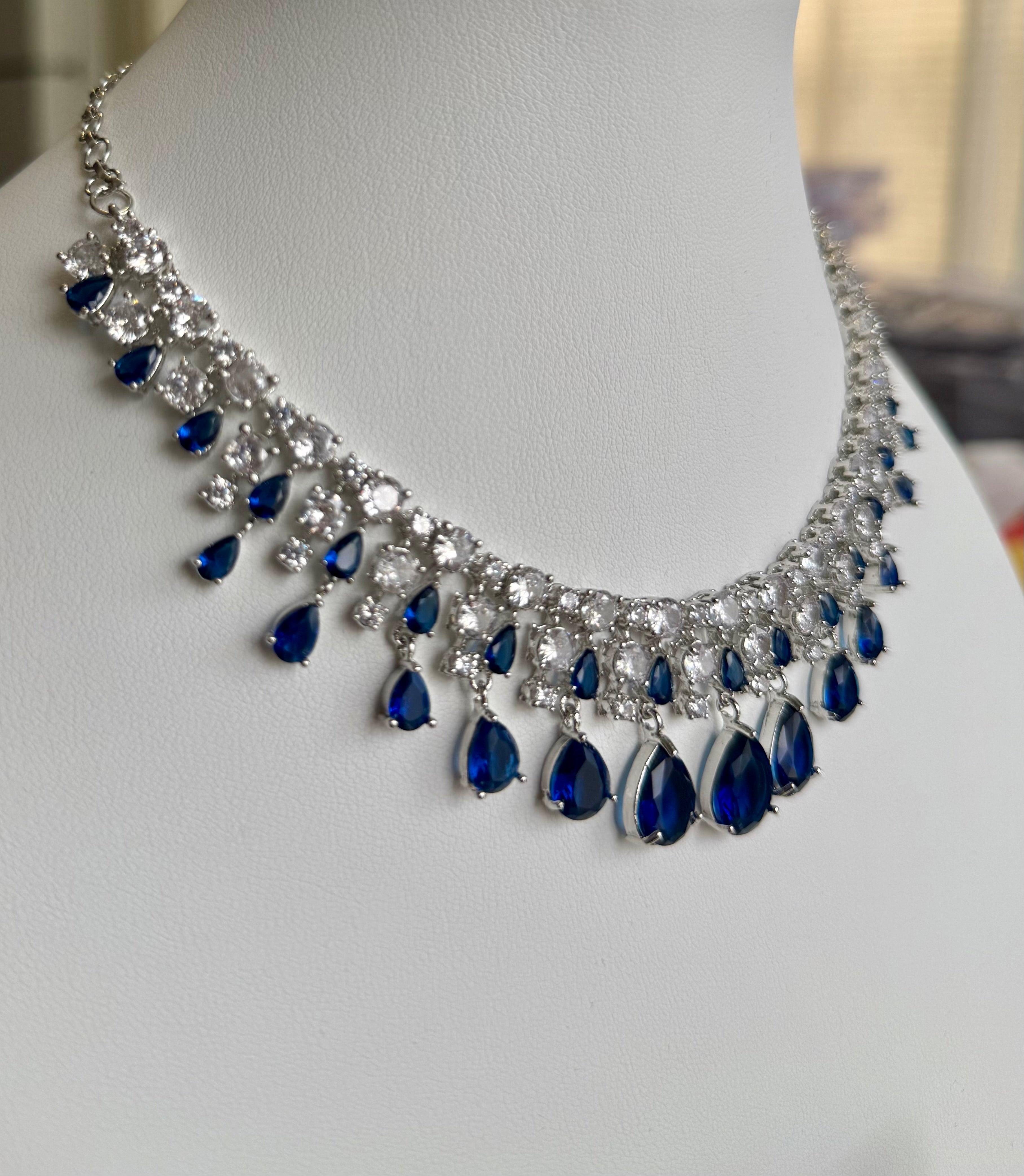Luxury Sapphire Blue Crystal Statement Necklace & Drop Earrings Set | Silver Tone | Gift Ready Black Box | Elegant Bridal & Evening Jewelry  6053