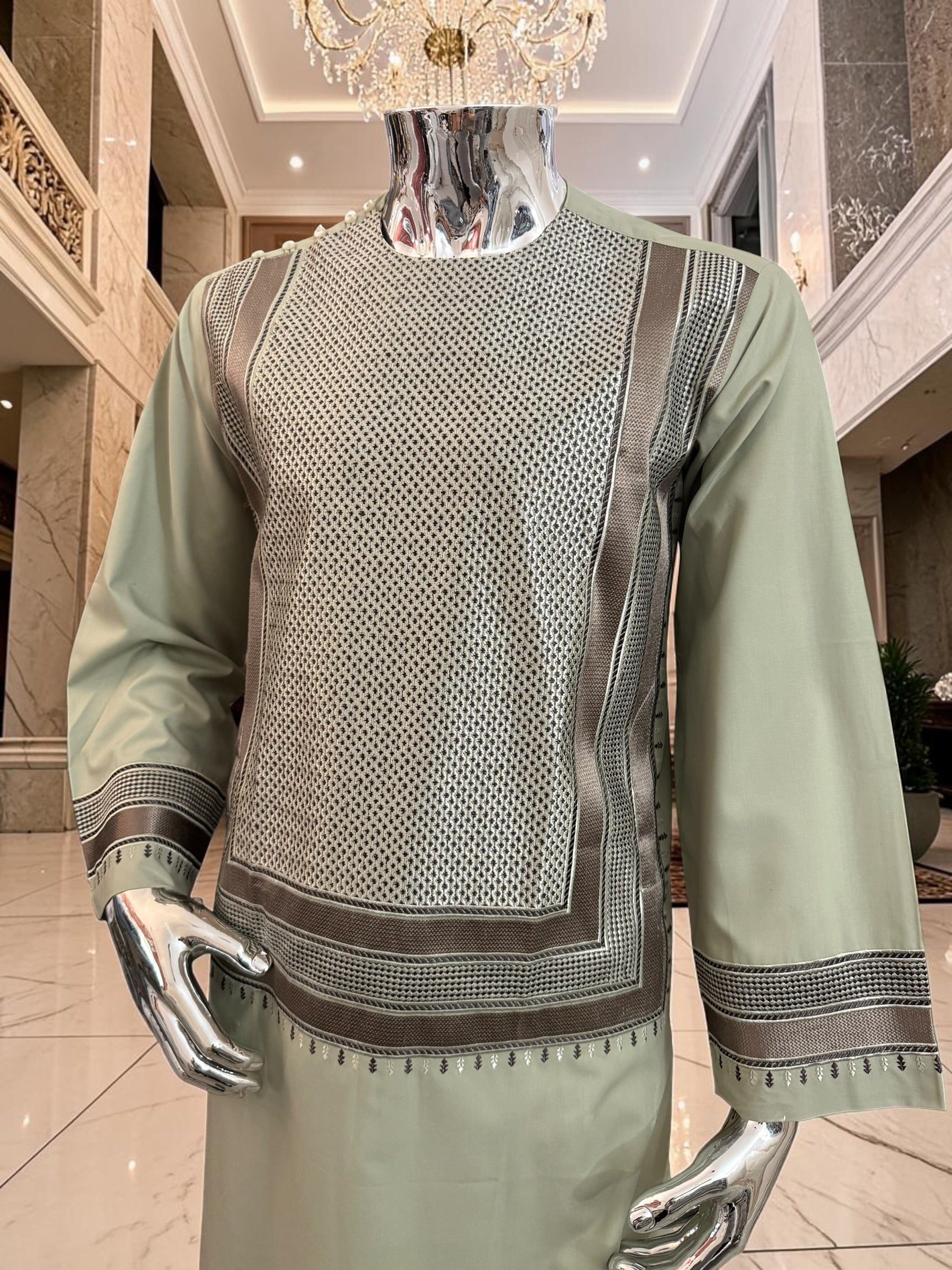 Medium Sage Green Parahan Tunban with Brown Embroidery | Premium Afghan Traditional Wear