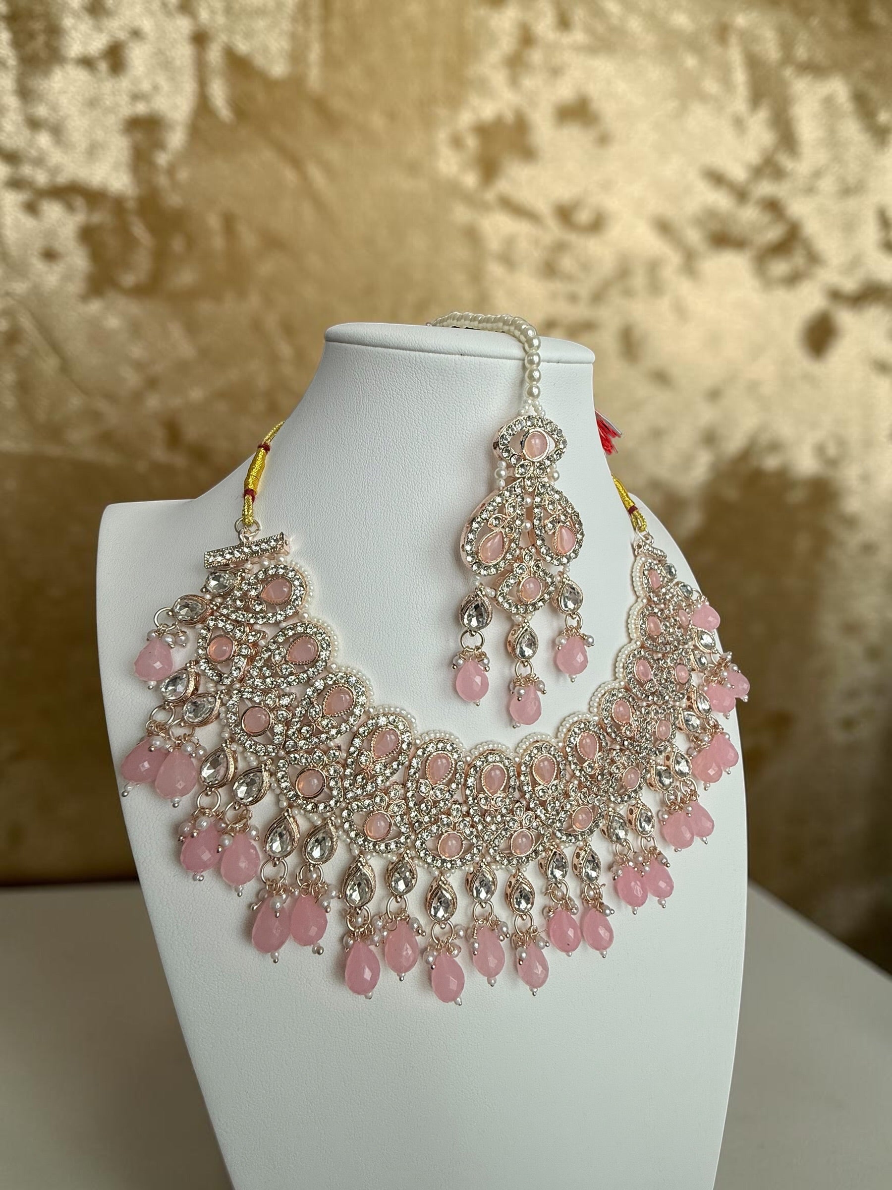 Blush Pink Kundan Bridal Jewelry Set with Earrings & Maang Tikka | Rose Gold Indian Pakistani Afghan Wedding Necklace | Jewelry Gift Box Included 6049