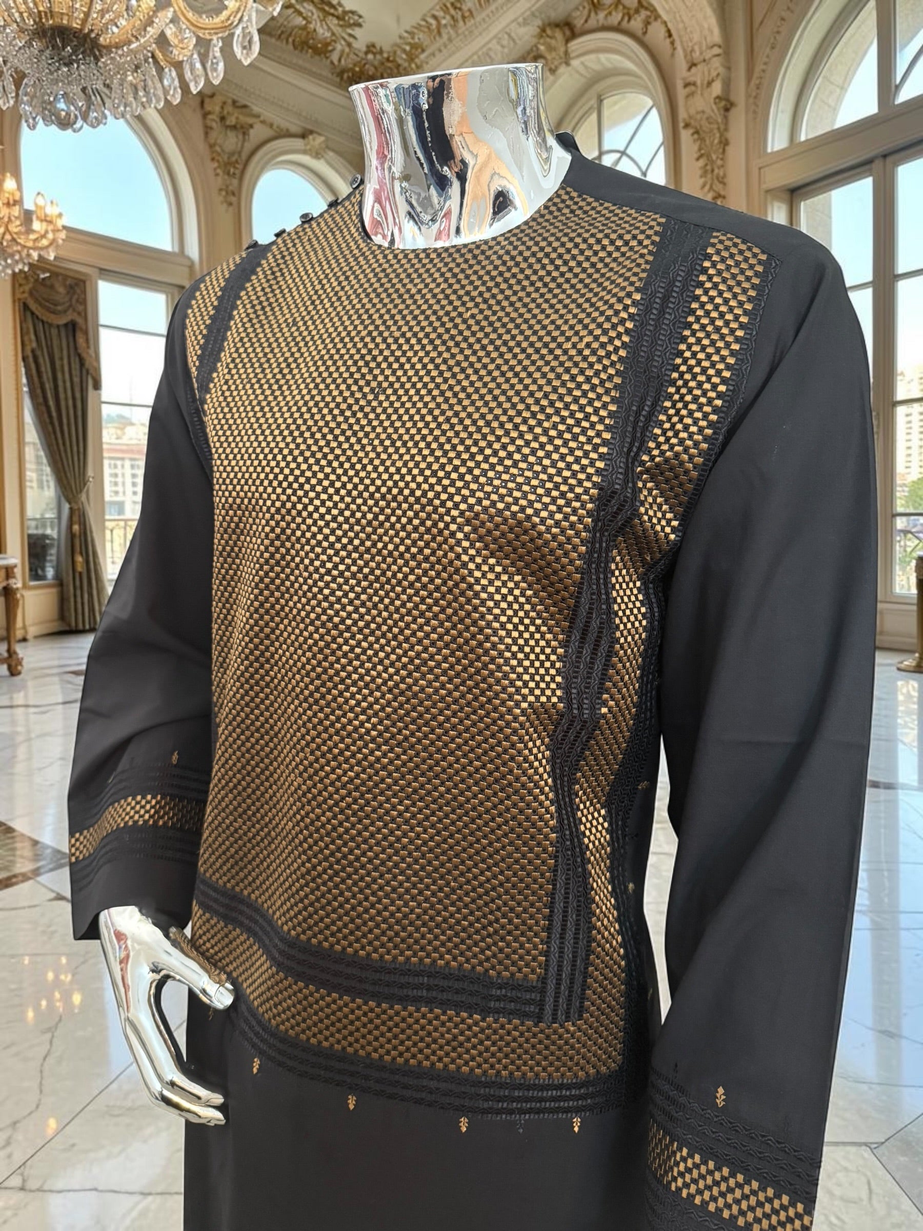 Large Black & Gold Afghan Parahan Tunban Set – Premium Machine Embroidery Traditional Outfit