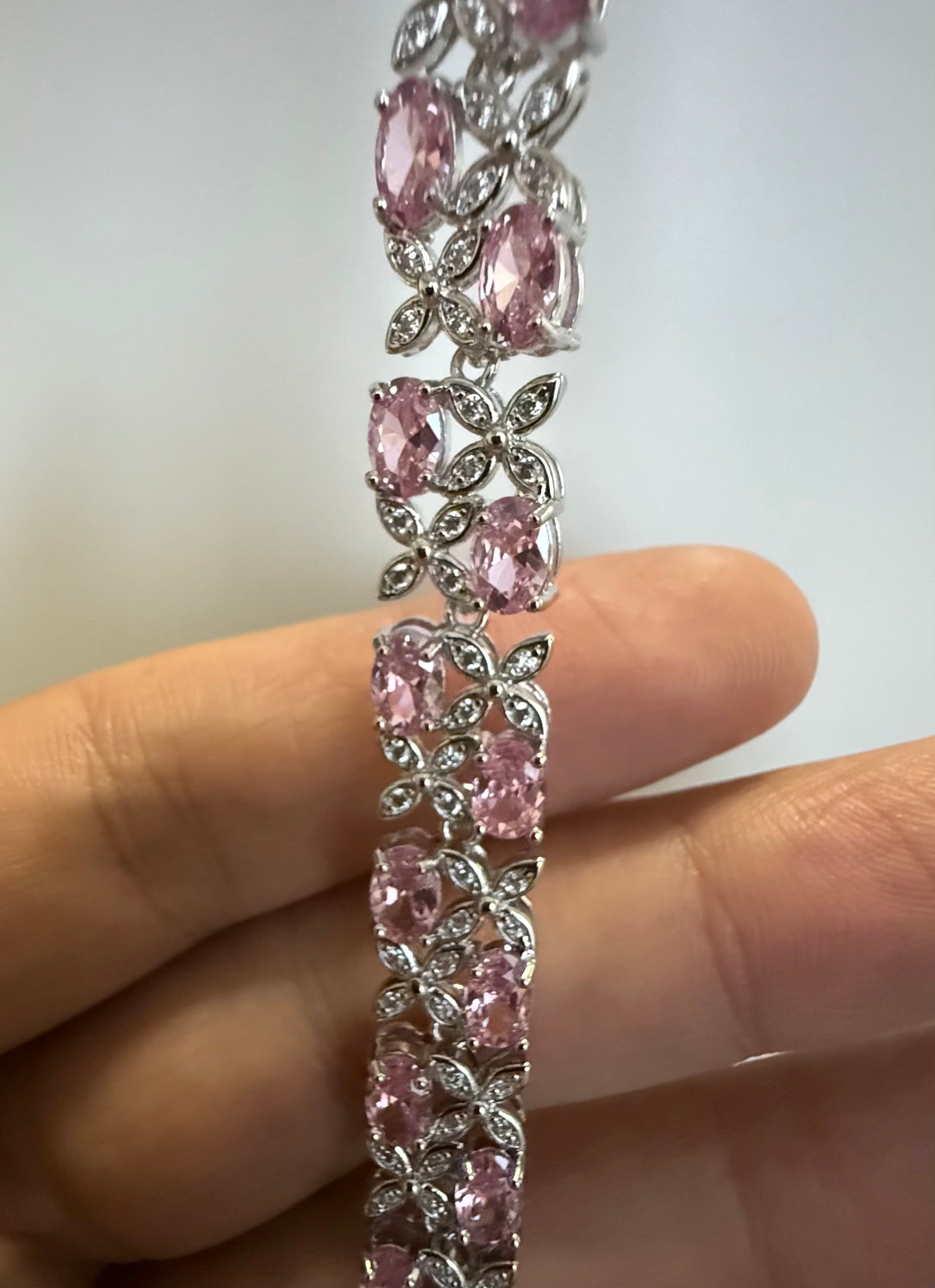 Light Pink Crystal Floral Bracelet – Silver Tone Oval Stone Flower & Leaf Bracelet, jewelry Gift Box Included 7075