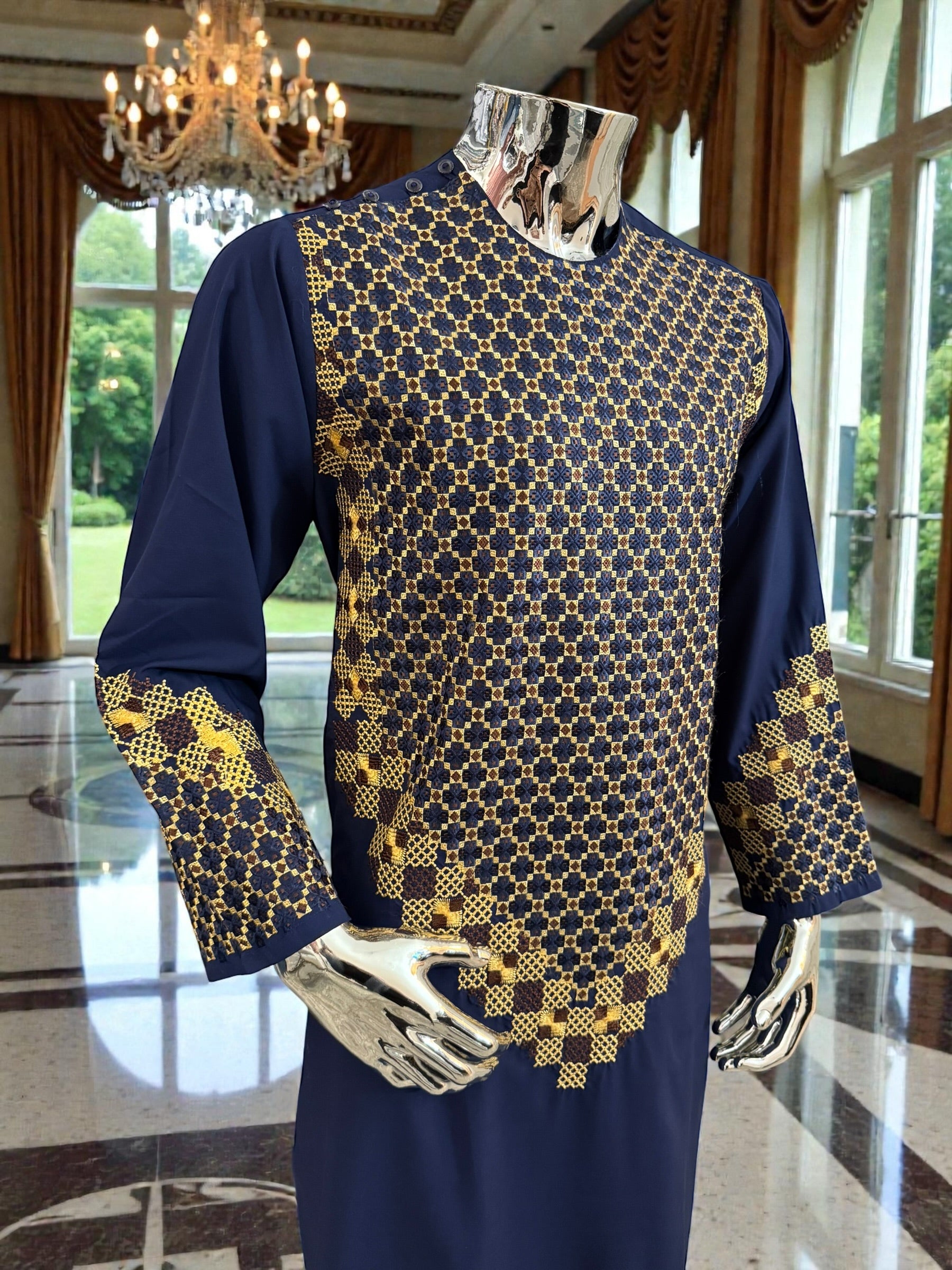 Men’s Navy Blue Kameez – Navy with Gold Machine Embroidery | XL Size Afghan Traditional Wear