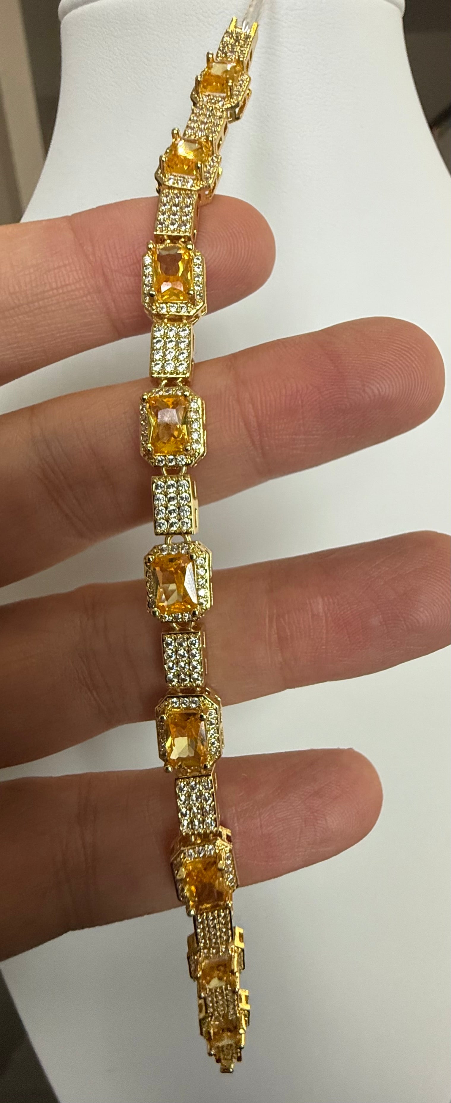 Golden Yellow Emerald-Cut Crystal Tennis Bracelet – Gold Tone Rhinestone Halo Statement Jewelry 7069