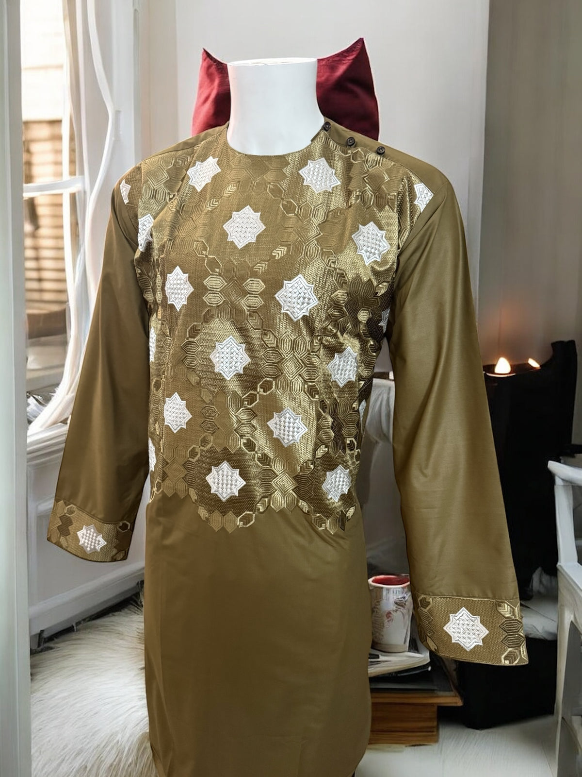 Afghan Parahan Tunban with Machine Khamakdozi Embroidery – Olive Gold – Large