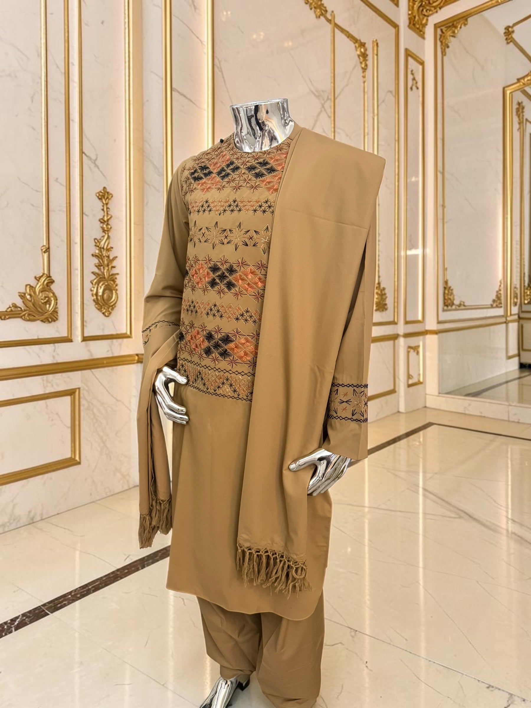 Hand Embroidered Camel Tan Afghan Parahan Tunban with Matching Shawl 5024