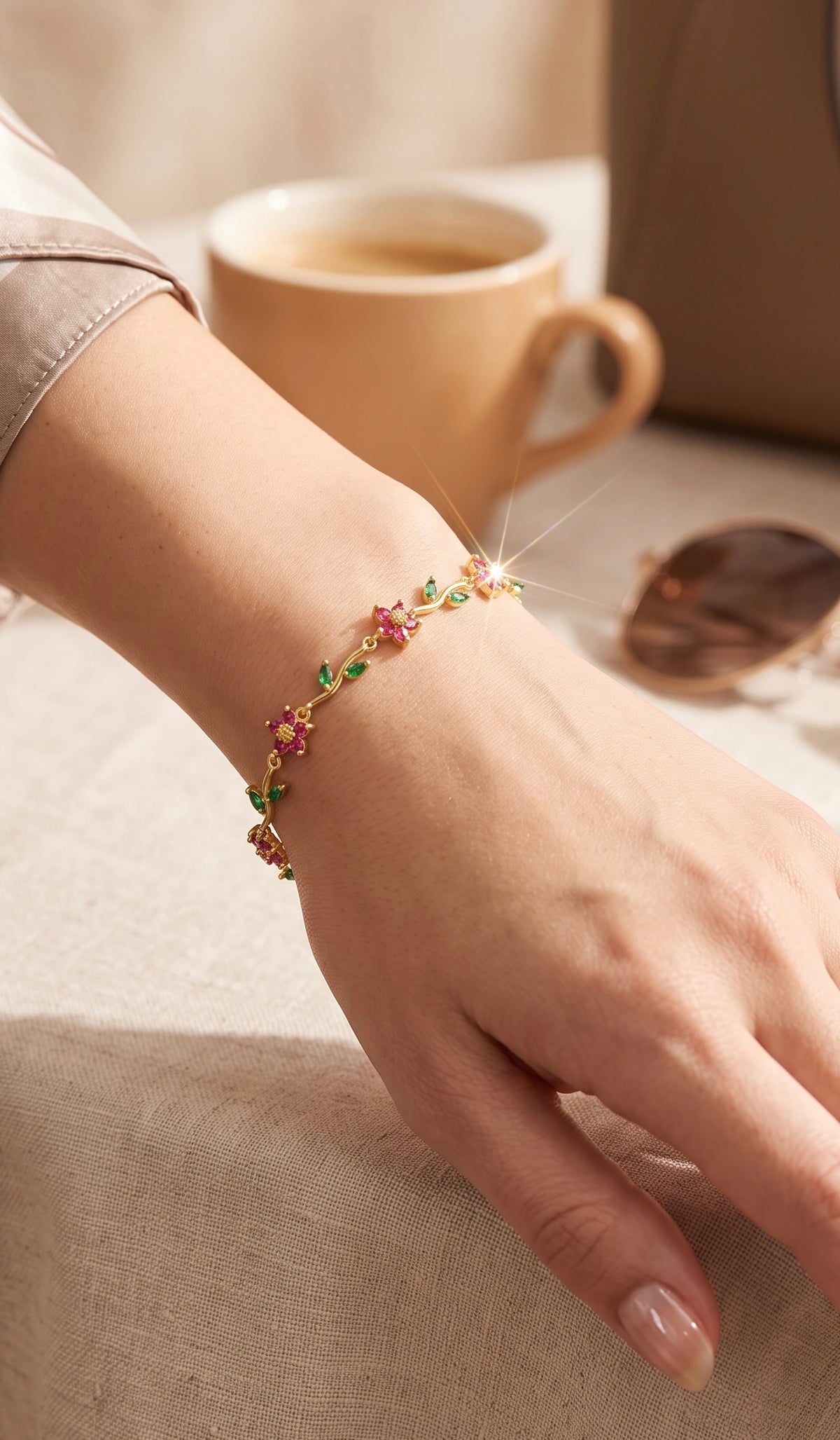 Pink & Green Floral Crystal Bracelet – Gold-Tone Vine & Flower Bracelet for Women 7121