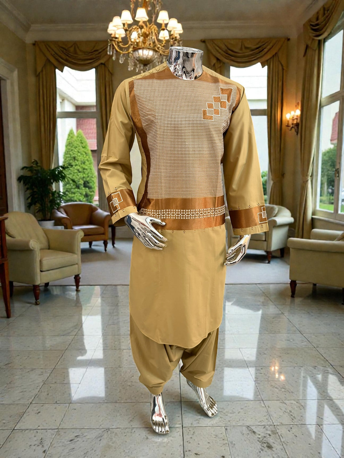 Small Men’s Golden Parahan Tumban with Bronze Geometric Embroidery – Afghan Traditional Outfit
