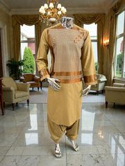 Small Men’s Golden Parahan Tumban with Bronze Geometric Embroidery – Afghan Traditional Outfit