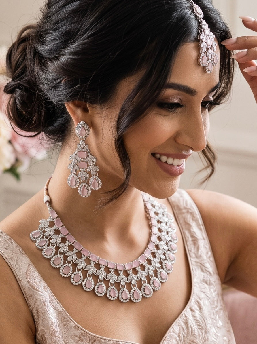 Silver-Tone AD Bridal Necklace Set with Earrings & Maang Tikka – 8 Colors