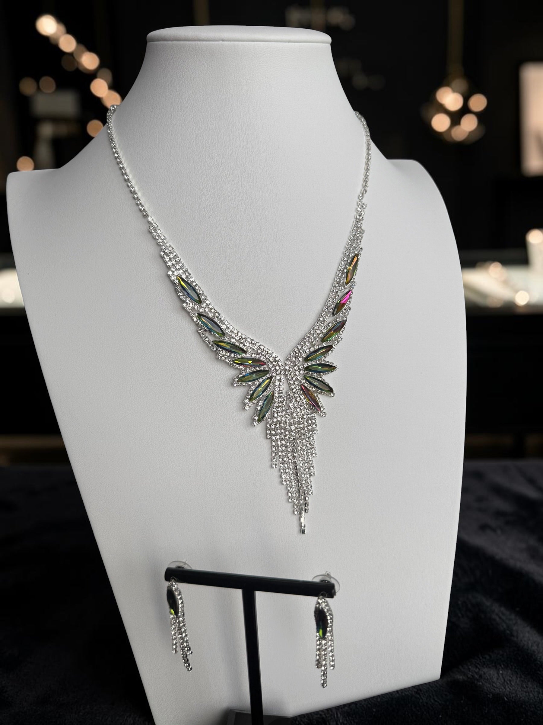 Crystal Rhinestone Statement Necklace & Earrings Set – Silver-Tone Leaf Design with Tassel, 7 Color Options, Jewelry Box Included