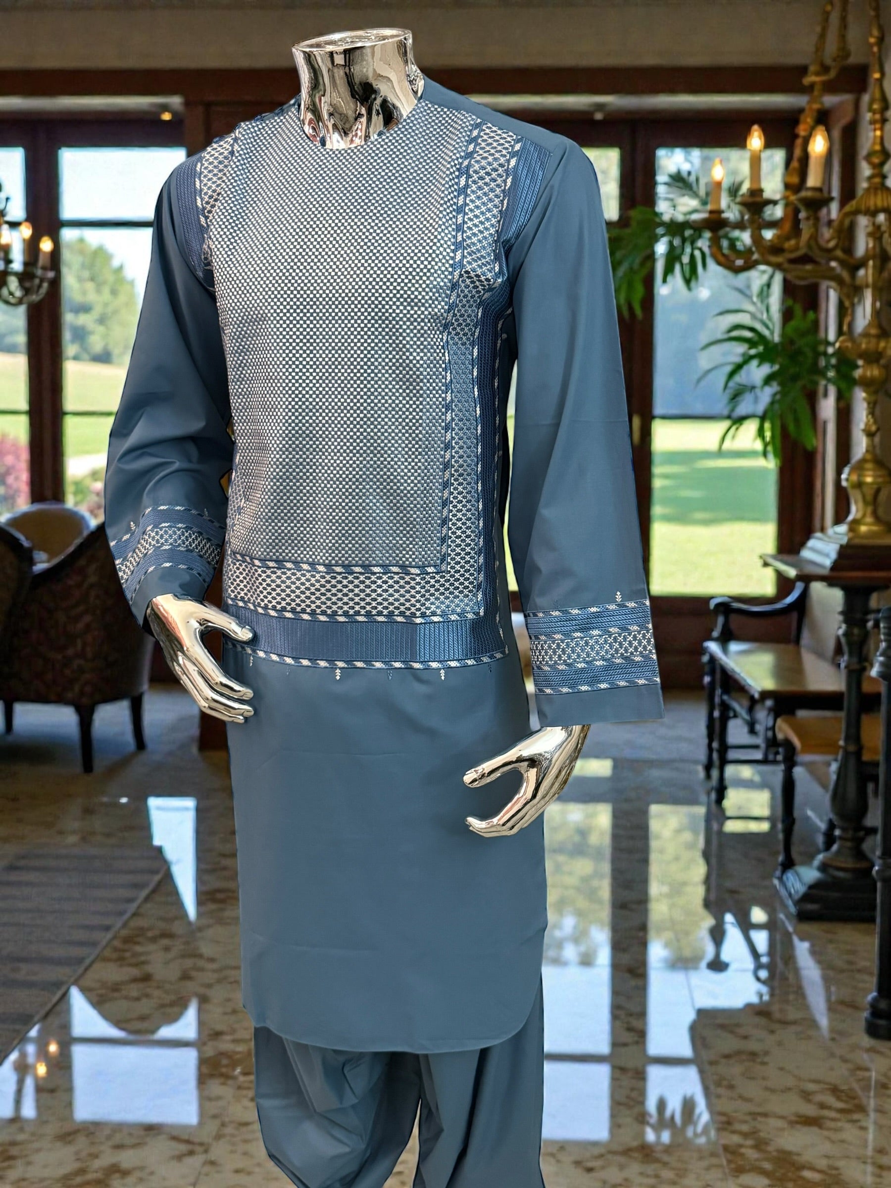 Small Turquoise Afghan Men’s Kameez with White & Turquoise Embroidery | Premium Traditional Outfit