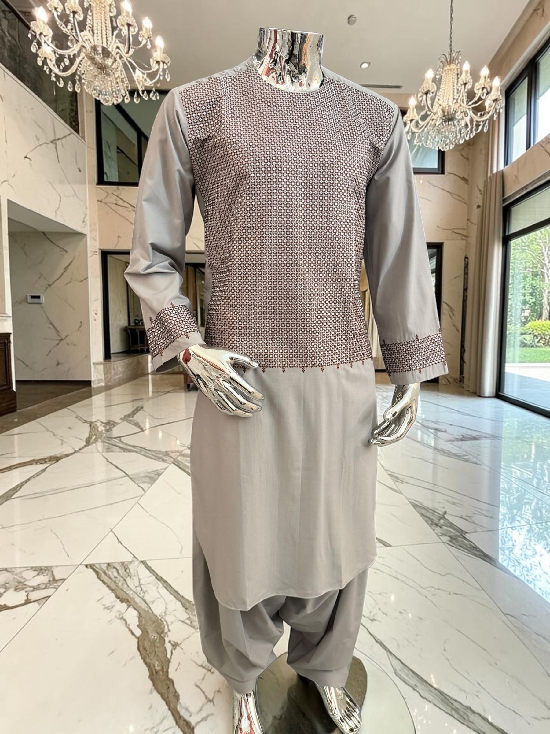 Medium Men’s Light Gray Parahan Tumban with Brown Embroidery – Afghan Traditional Outfit