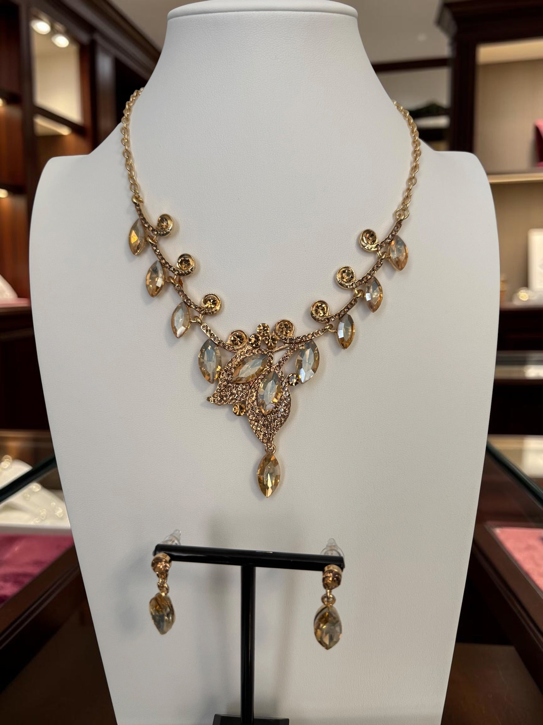 Women’s Crystal Leaf Necklace & Earrings Set – 4 Colors