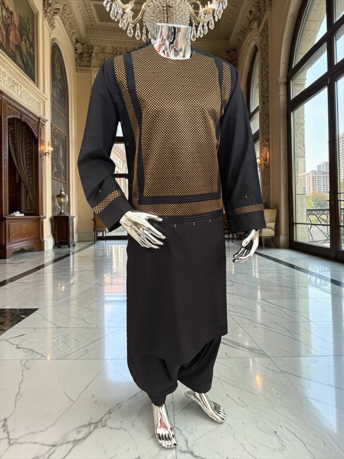 Large Black & Gold Afghan Parahan Tunban Set – Premium Machine Embroidery Traditional Outfit