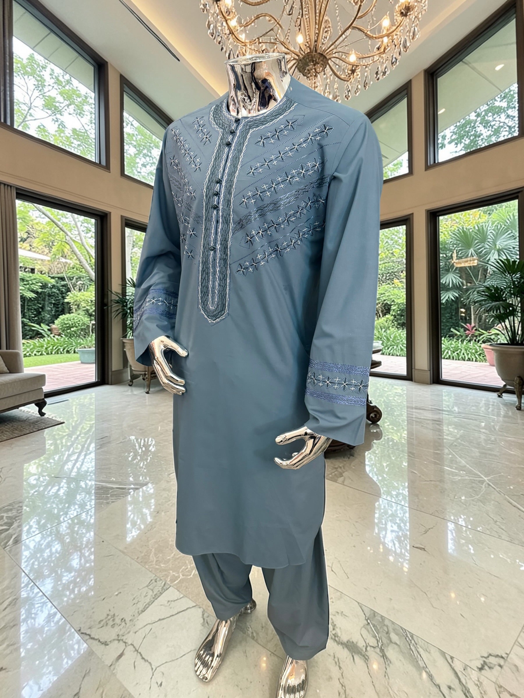 X-Large Teal Afghan Parahan Tunban with Hand Embroidery Traditional Men’s Outfit