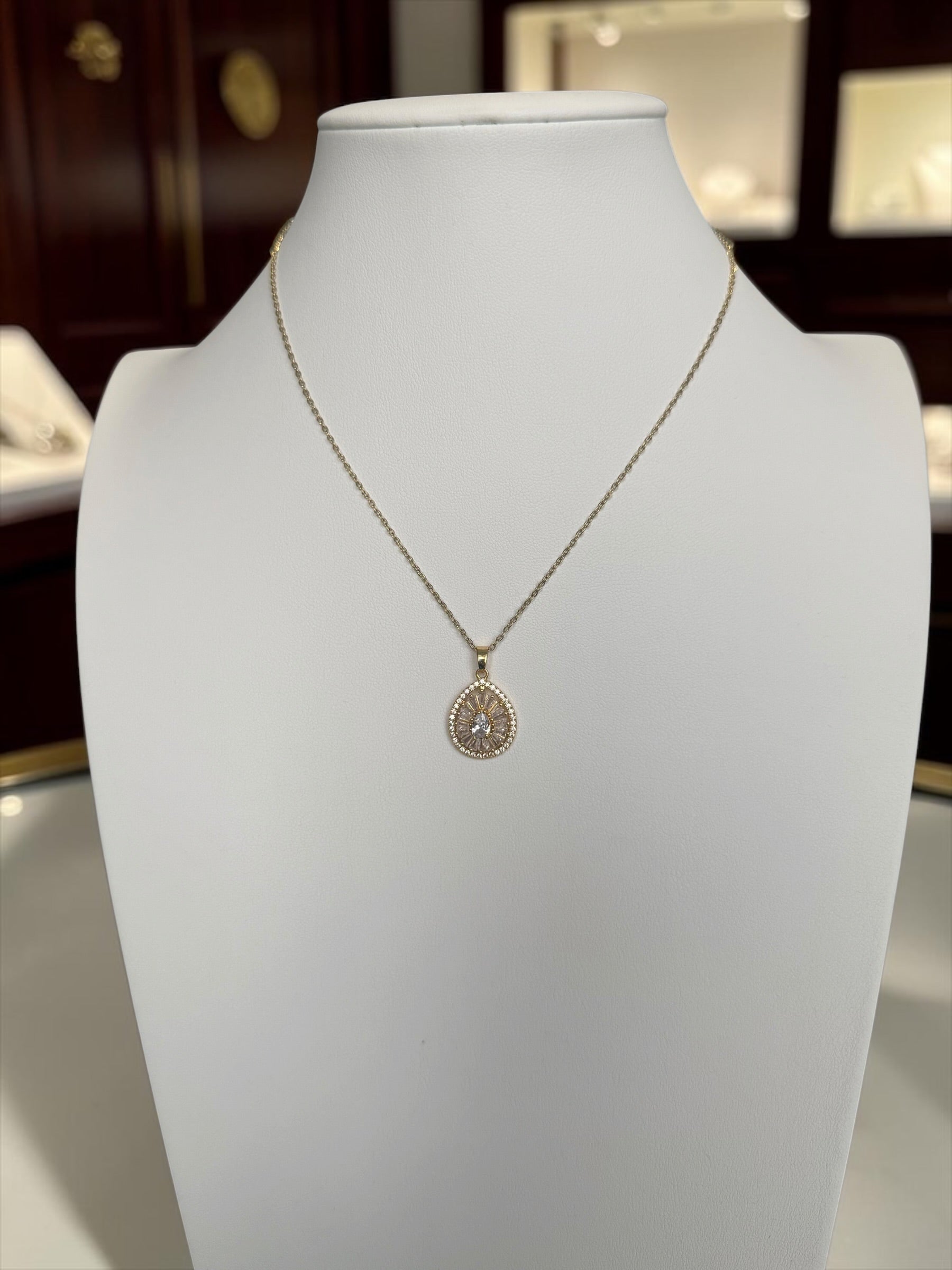 Pear Cut Crystal Halo Pendant Necklace – Gold Tone Stainless Steel Teardrop Necklace 7159