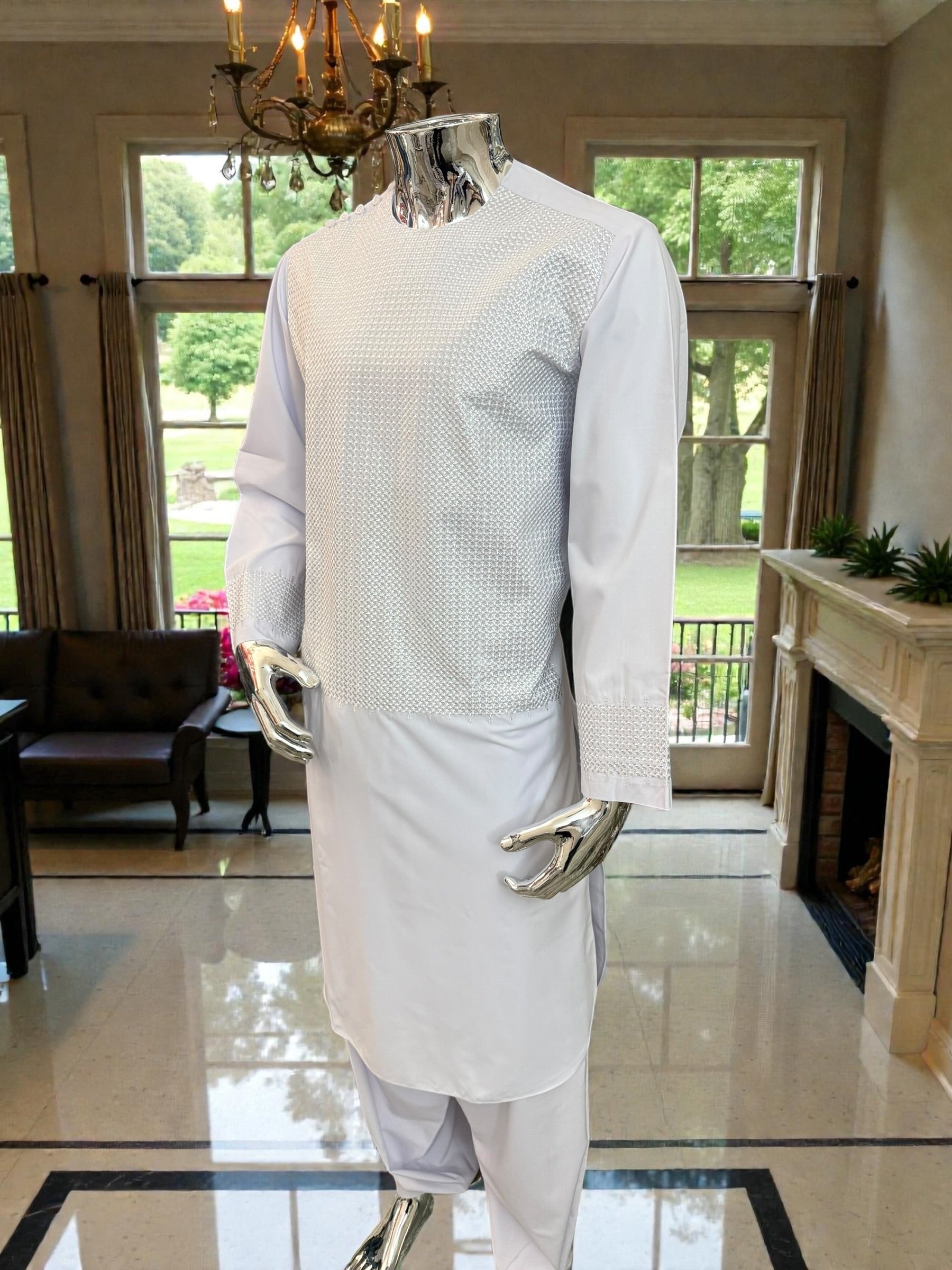 Men’s White Parahan Tumban with Matching Machine Embroidery – Traditional Afghan Outfit, Medium