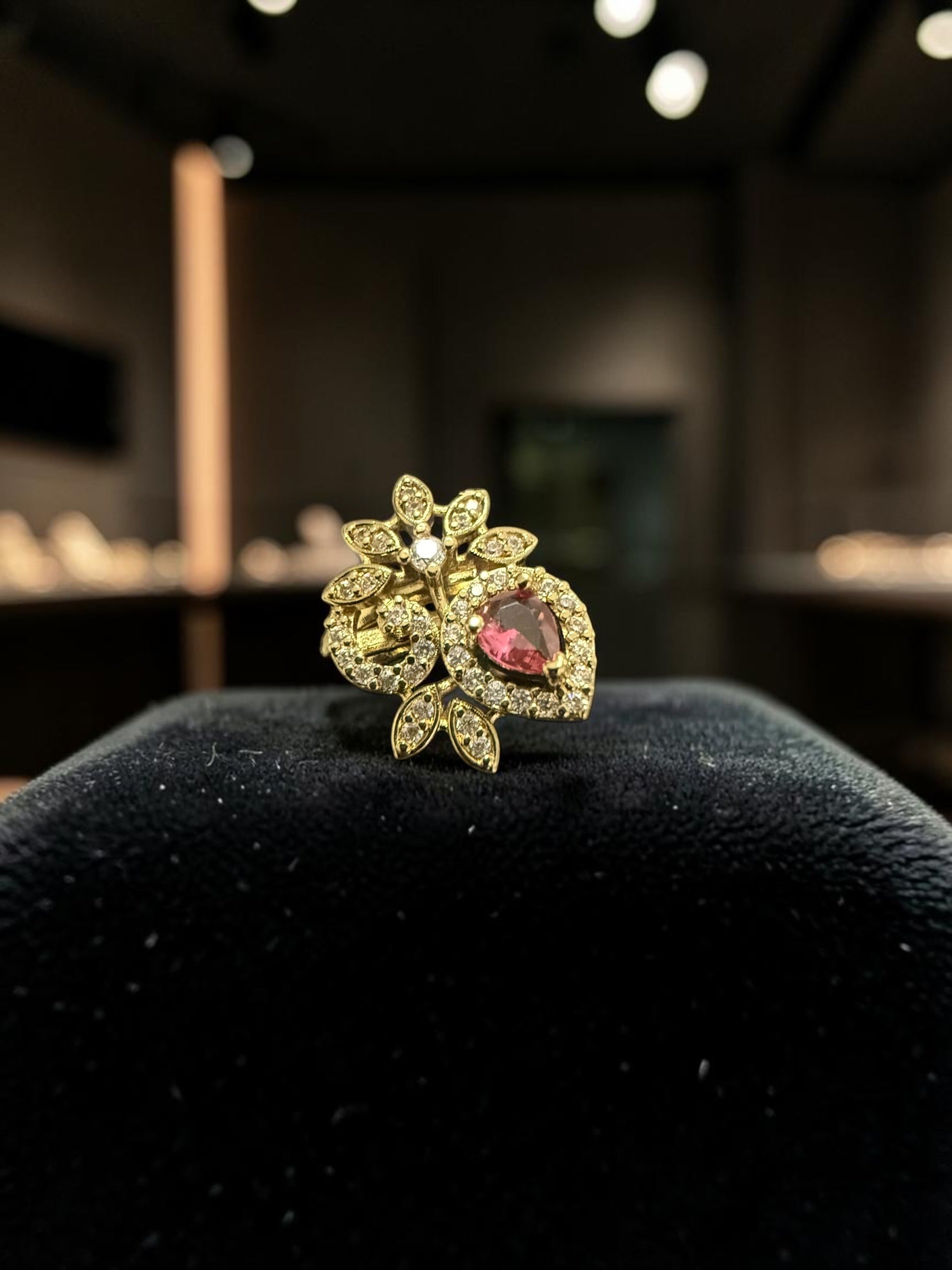Floral Teardrop Statement Ring – Adjustable Gold-Tone Ring in Pink, Clear & Purple