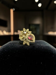Floral Teardrop Statement Ring – Adjustable Gold-Tone Ring in Pink, Clear & Purple