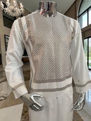 Small Off White Machine Embroidery Yakhan Parahan Tunban – Premium Afghan Traditional Outfit