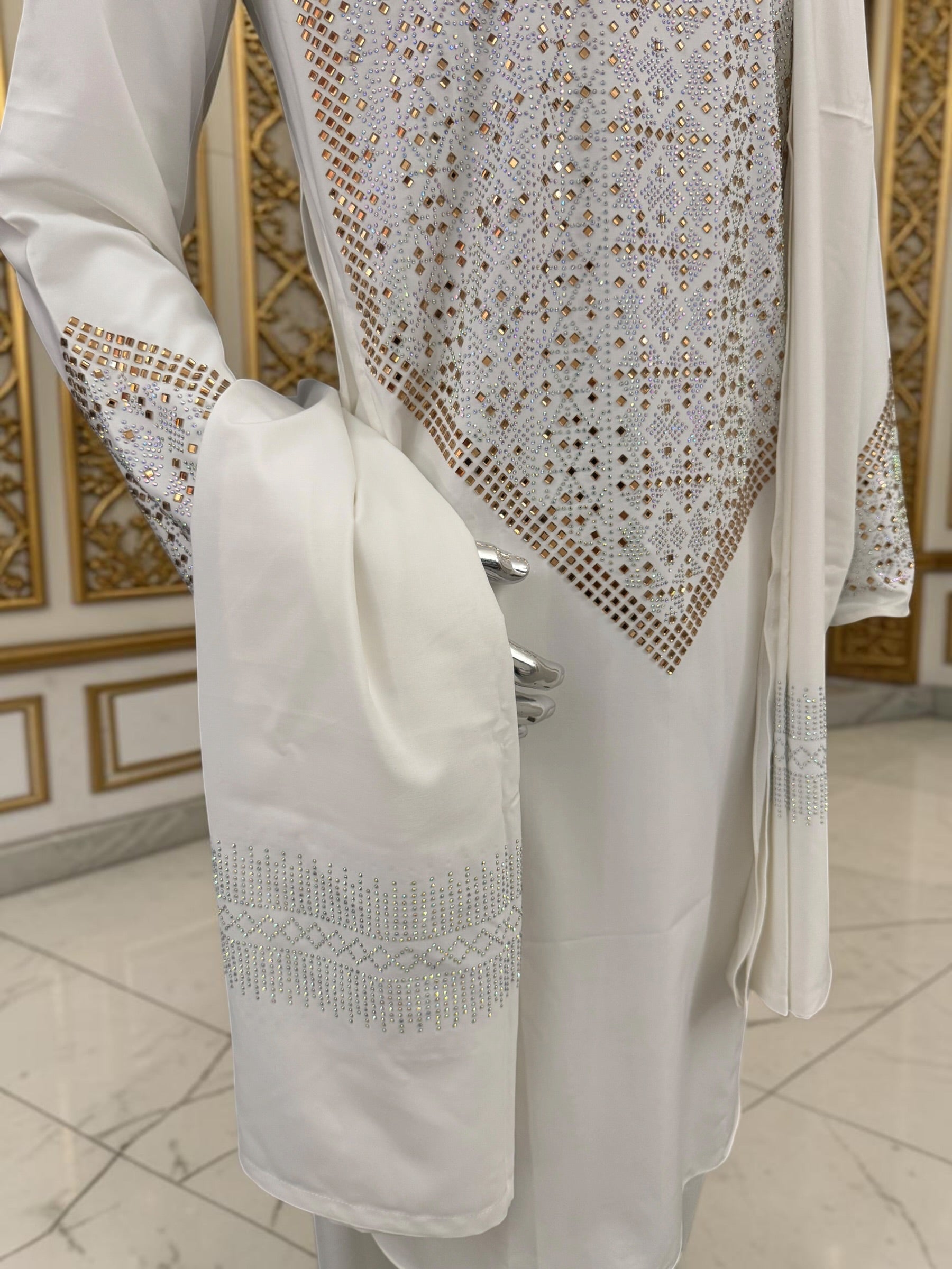 Men’s off white Afghan Parahan Tunban with Gold & Silver Embellishments and Shawl – 3-Piece Set shesha work 5042