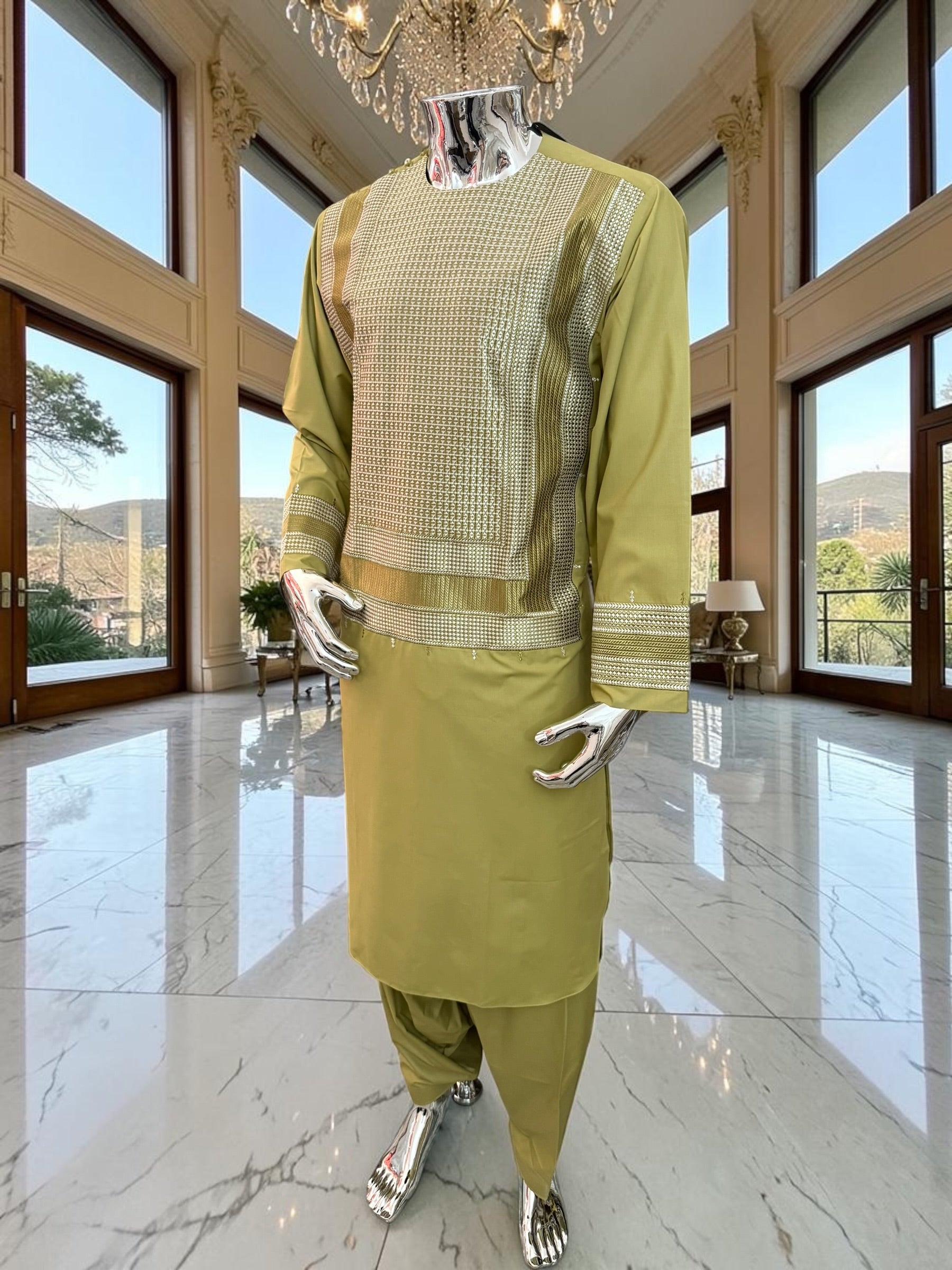 Large Green Afghan Parahan Tunban Set with Premium Machine Embroidery