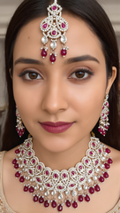Ruby Red Kundan Bridal Jewelry Set with Earrings & Maang Tikka | Rose Gold Indian Pakistani Afghan Wedding Necklace | Gift Box Included 6047