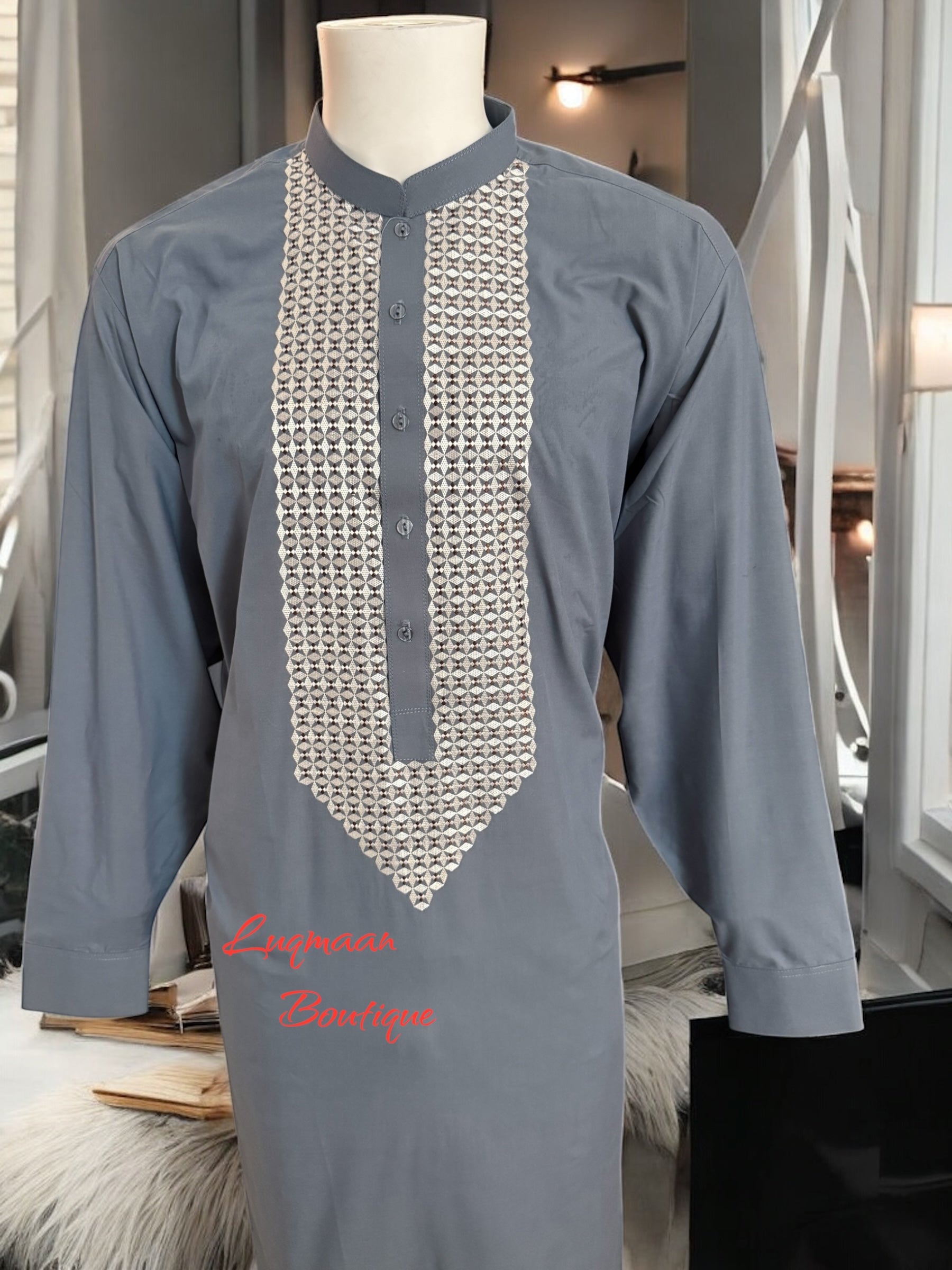 Men’s Grey Parahan Tumban with White Hand Khamak Embroidery – Elegant Afghan Traditional Outfit, XXL