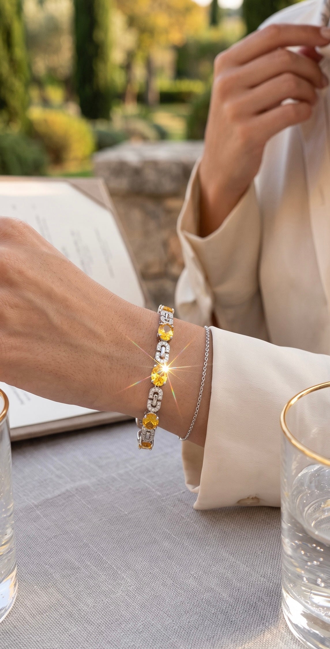 Yellow Oval Crystal Link Bracelet – Silver Tone Sparkling Statement Bracelet for Women 7088