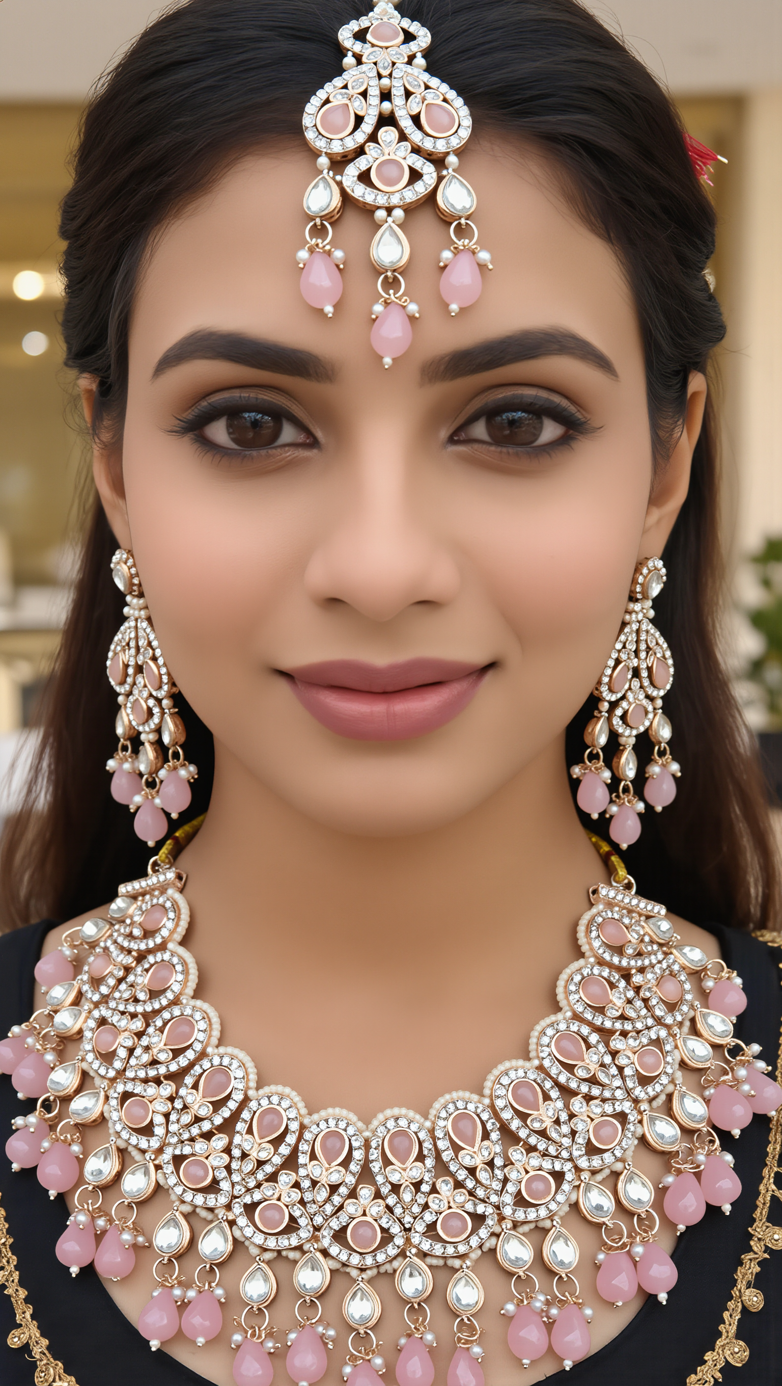 Blush Pink Kundan Bridal Jewelry Set with Earrings & Maang Tikka | Rose Gold Indian Pakistani Afghan Wedding Necklace | Jewelry Gift Box Included 6049