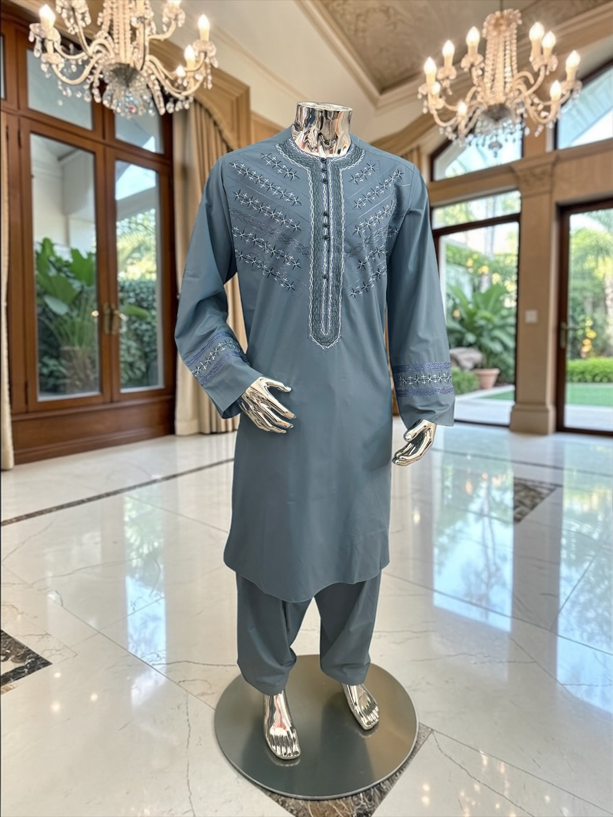 X-Large Teal Afghan Parahan Tunban with Hand Embroidery Traditional Men’s Outfit