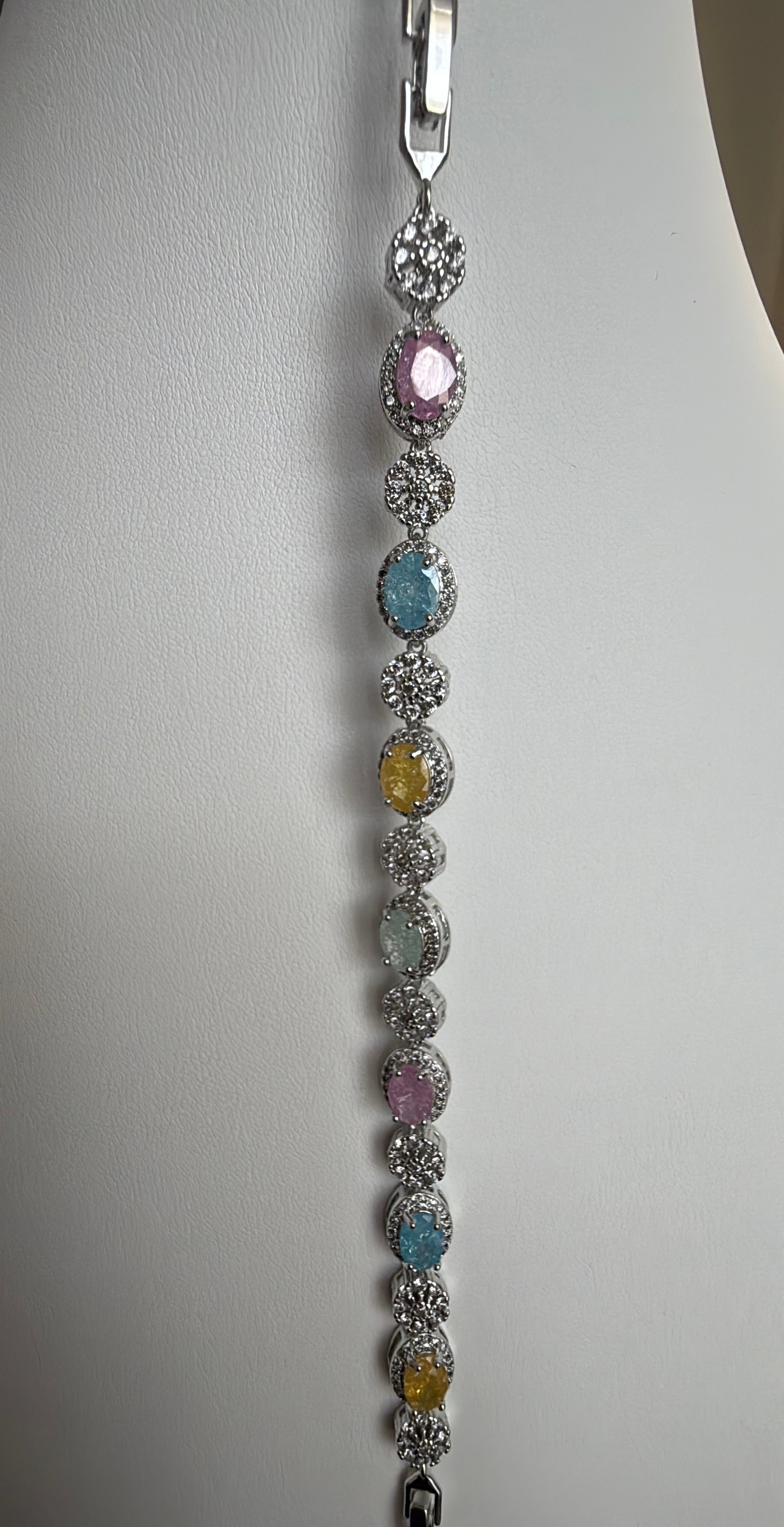 Multicolor Oval Crystal Halo Tennis Bracelet – Silver Tone Sparkling Statement Jewelry 7113