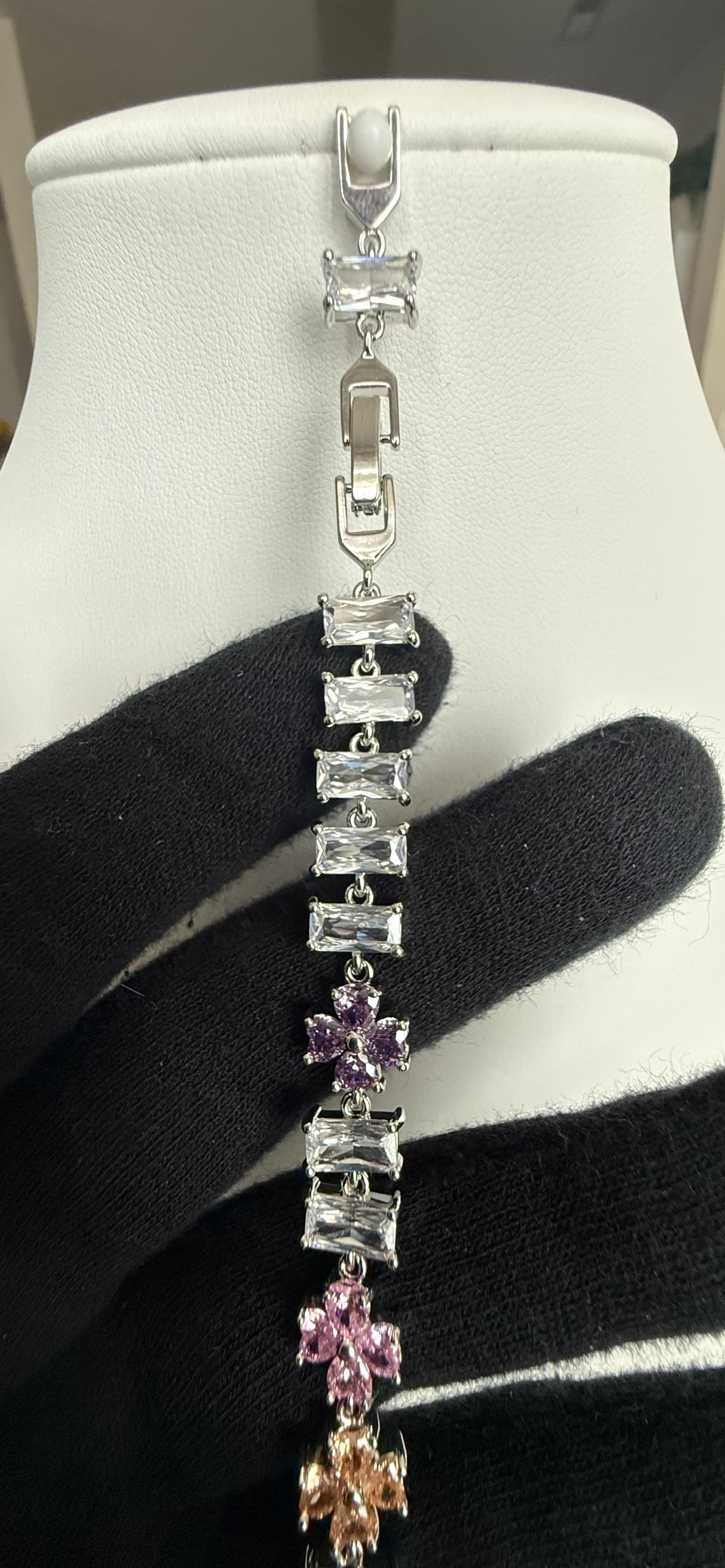 Multicolor Floral Baguette Crystal Link Bracelet – Silver Tone Flower Bracelet 7144