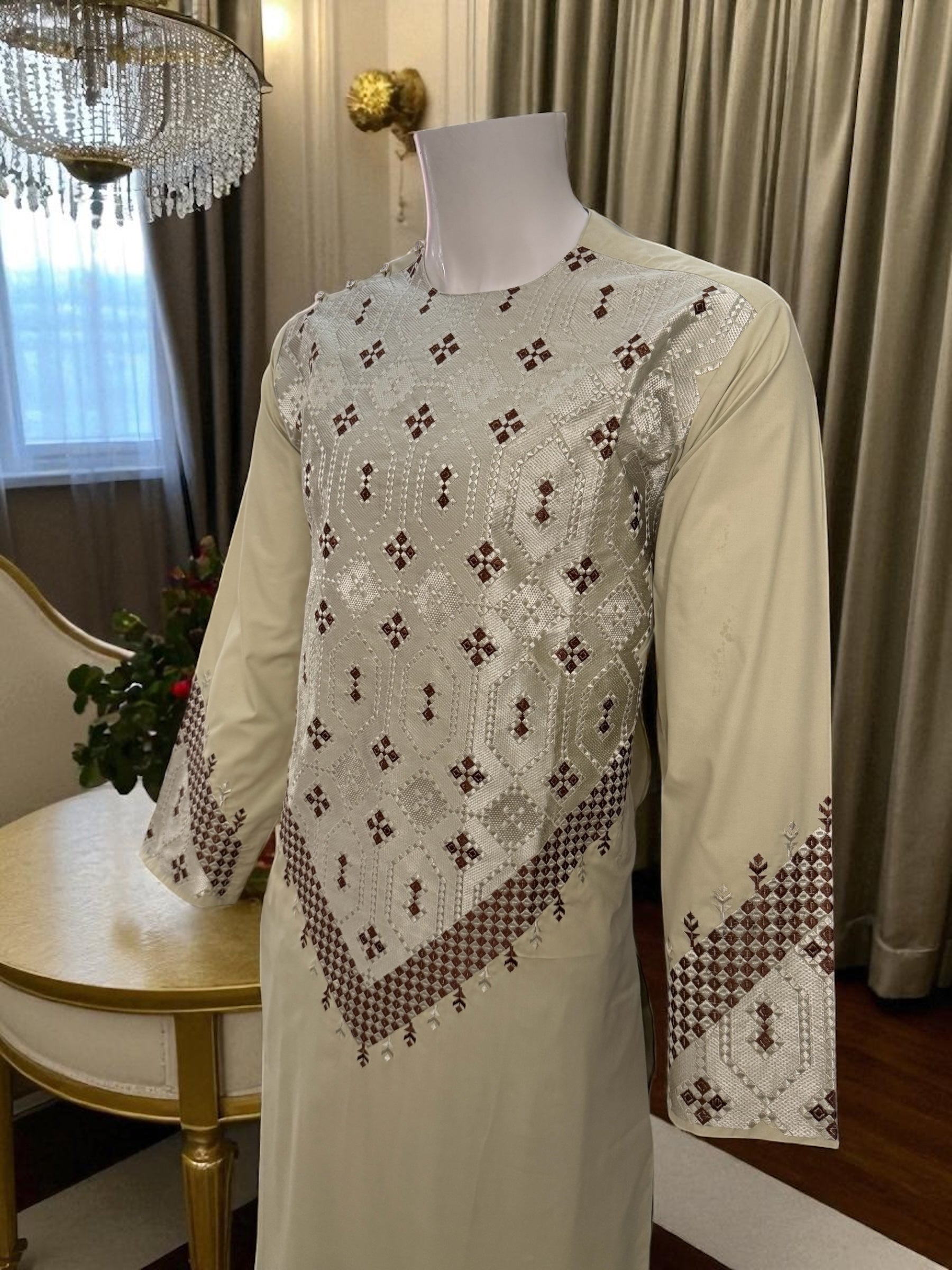 Sage Green Men’s Kameez with Brown and Matching Sage Machine Embroidery – Large